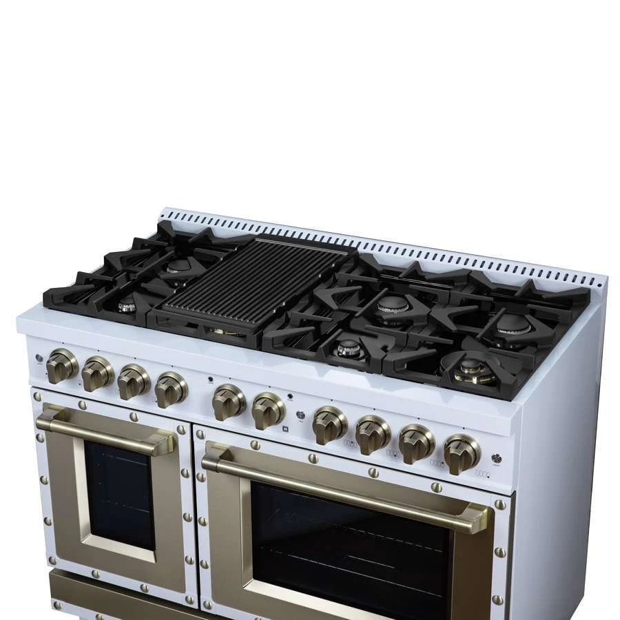 Valente 48" Gas Range in White, 8 Sealed Burnes, 94 000 BTU Cooktop Output, 6.7 Cu.Ft. Double Oven, Telescopic Racks FFSGS629948CPWHT