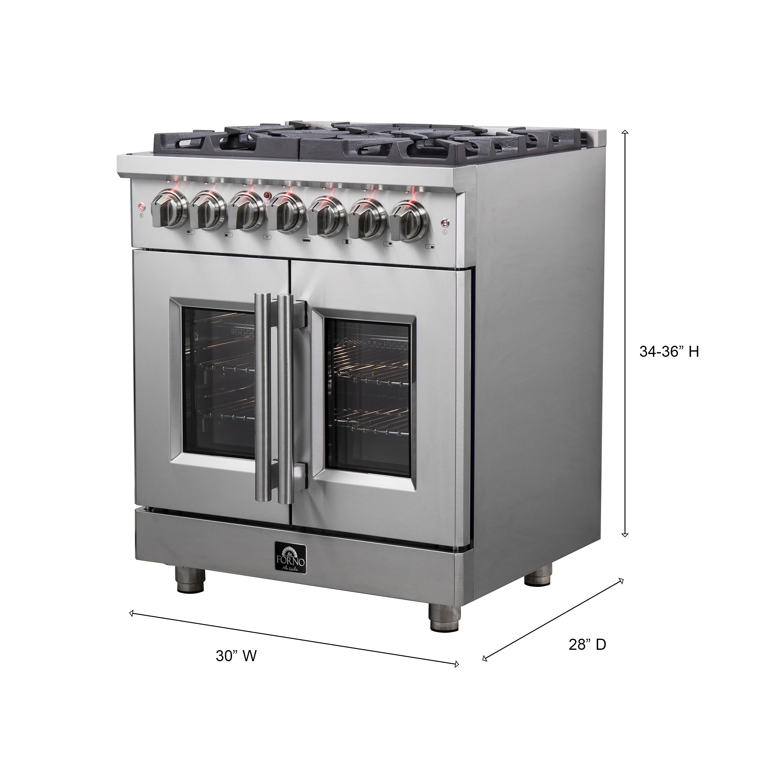 Massimo 30-Inch Freestanding French Door Dual Fuel Range, 4 Burners, True Convection Oven FFSGS632530