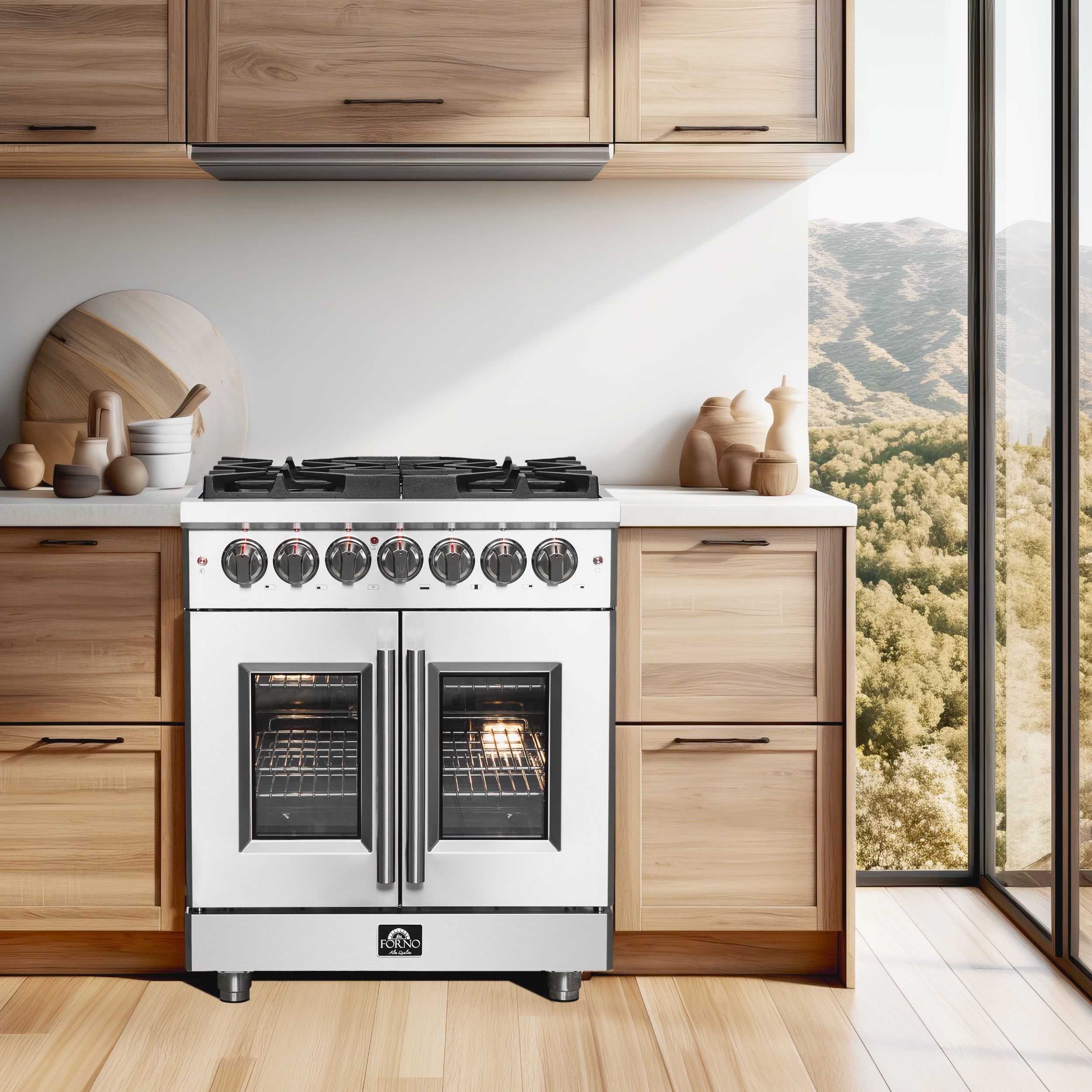 Massimo 30-Inch Freestanding French Door Dual Fuel Range, 4 Burners, True Convection Oven FFSGS632530