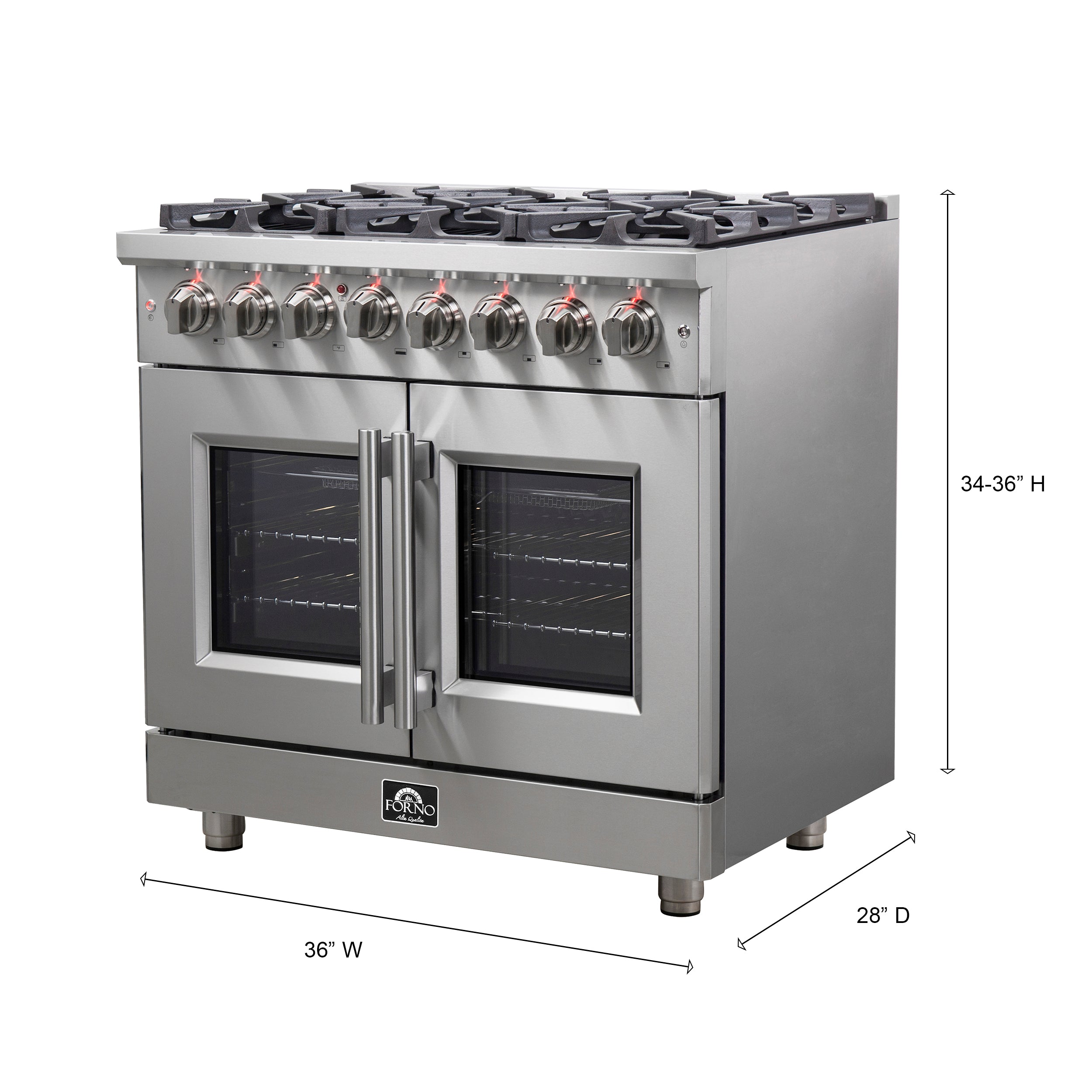 Massimo 36-Inch Freestanding French Door Dual Fuel Range, 6 Burners, True Convection Oven FFSGS632536