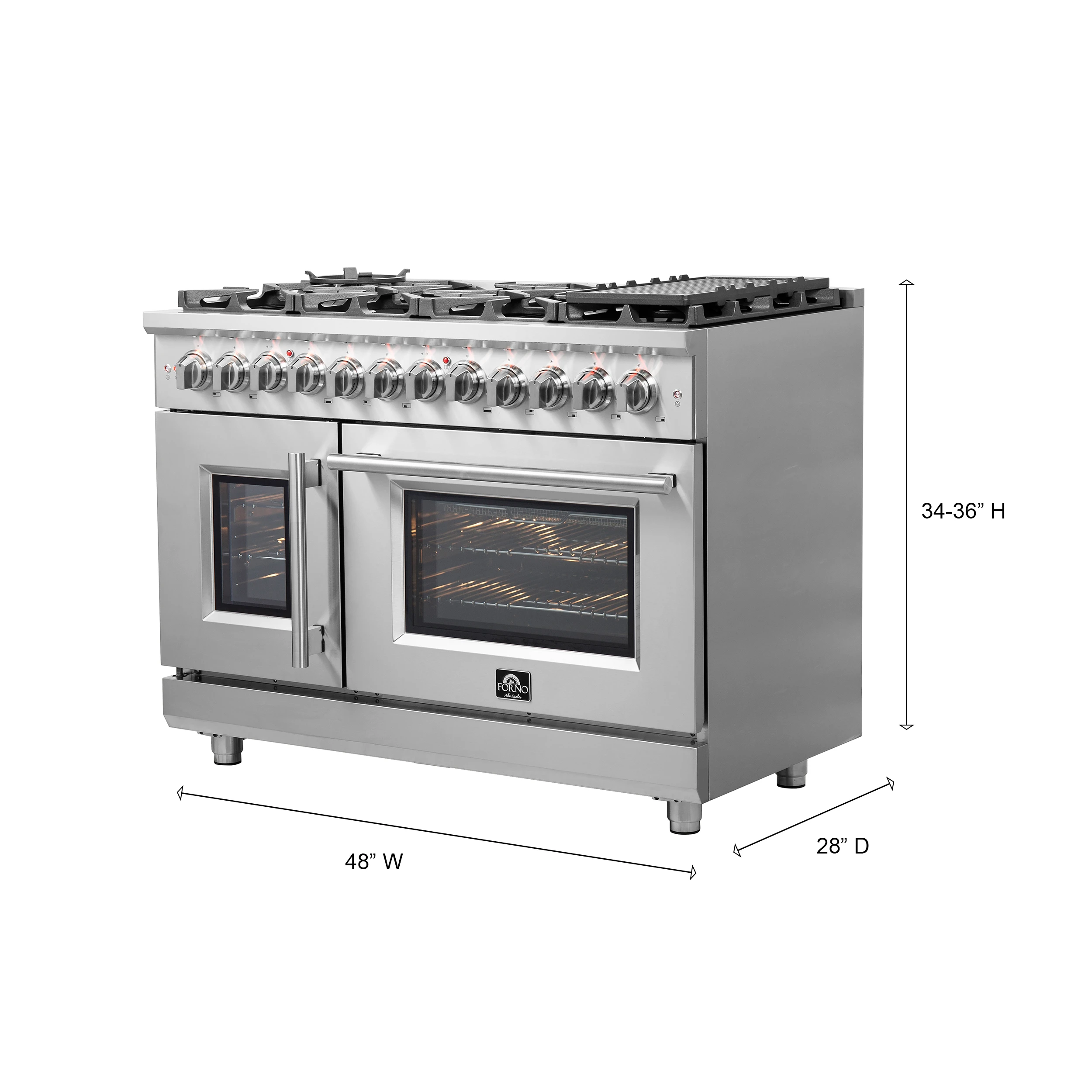 Massimo 48-Inch Freestanding French Door Dual Fuel Range, 8 Burners, True Convection Oven FFSGS632548
