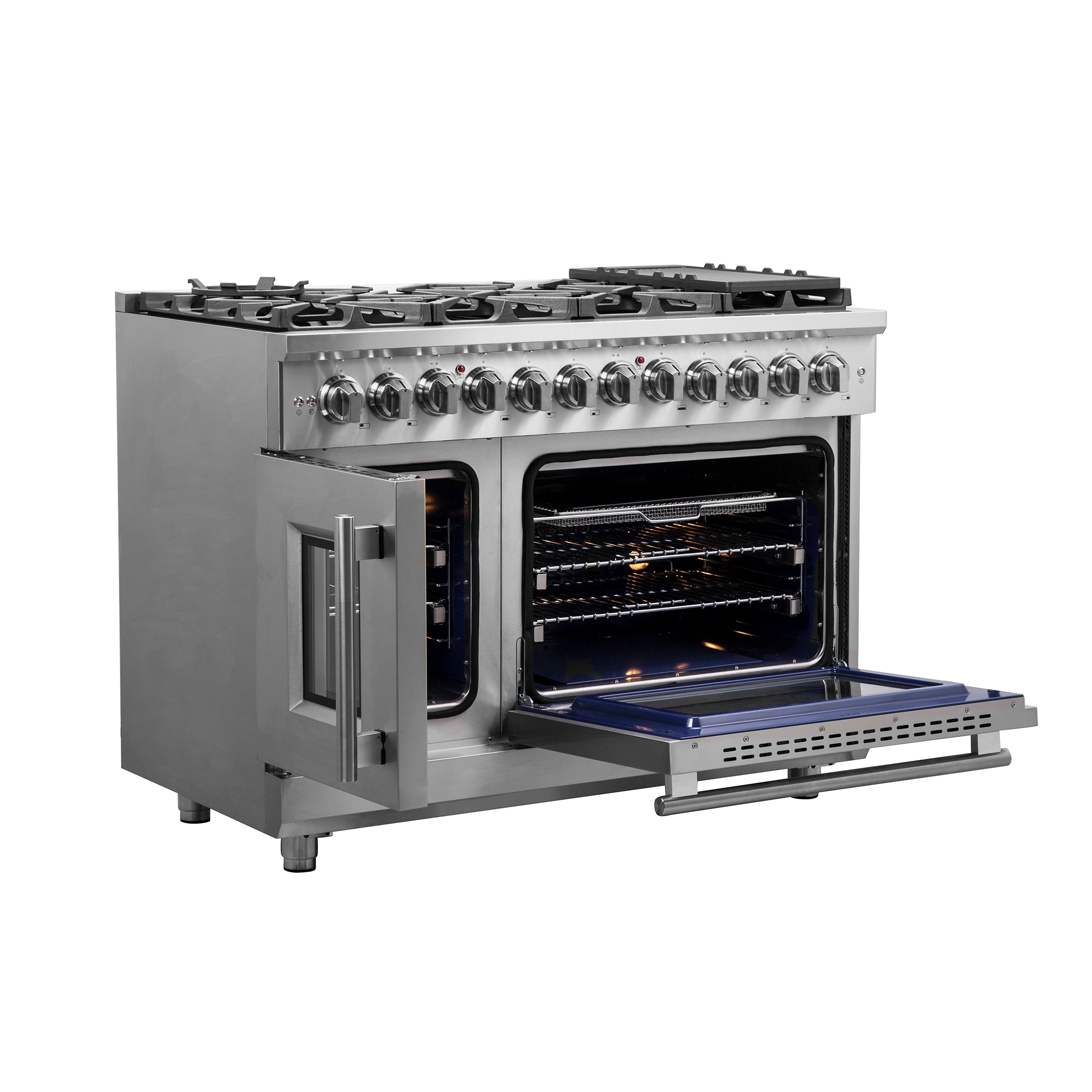 Massimo 48-Inch Freestanding French Door Dual Fuel Range, 8 Burners, True Convection Oven FFSGS632548