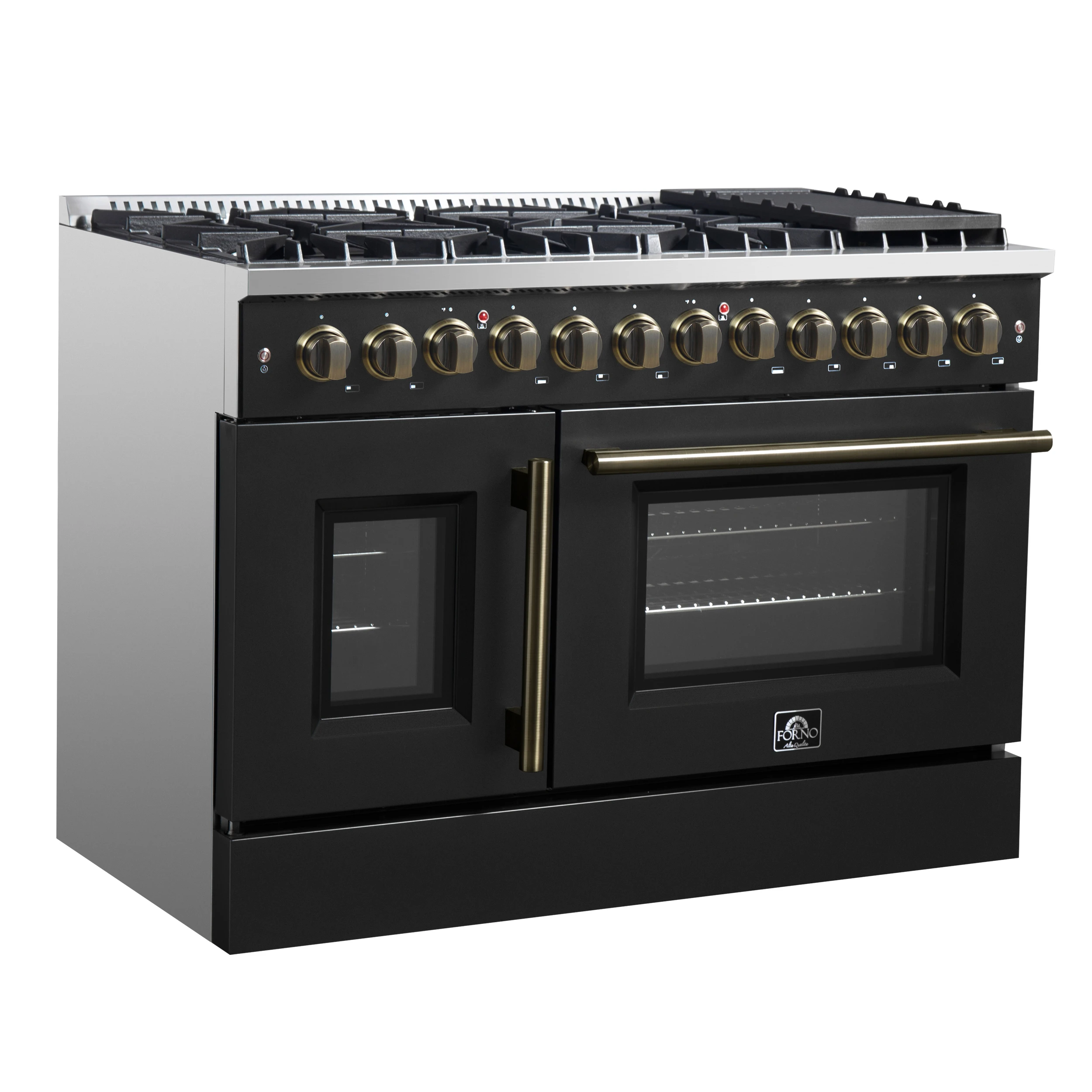 Galiano 48-inch French Door Dual Fuel Range, & Antique Brass Design, 8 Sealed Burners - 107,000 BTU, Griddle, 6.58 cu.ft. Double Ovens FFSGS635648BLK