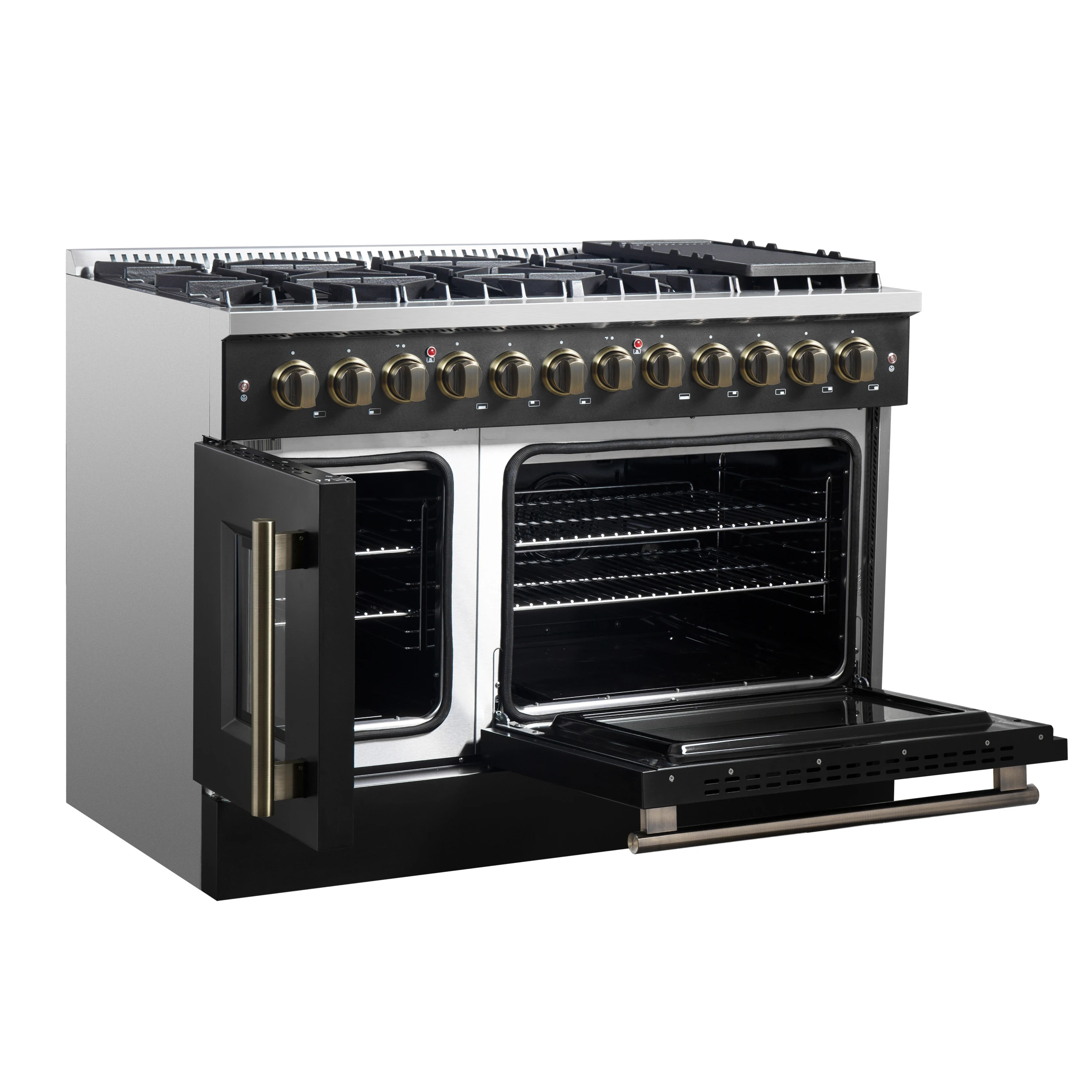 Galiano 48-inch French Door Dual Fuel Range, & Antique Brass Design, 8 Sealed Burners - 107,000 BTU, Griddle, 6.58 cu.ft. Double Ovens FFSGS635648BLK