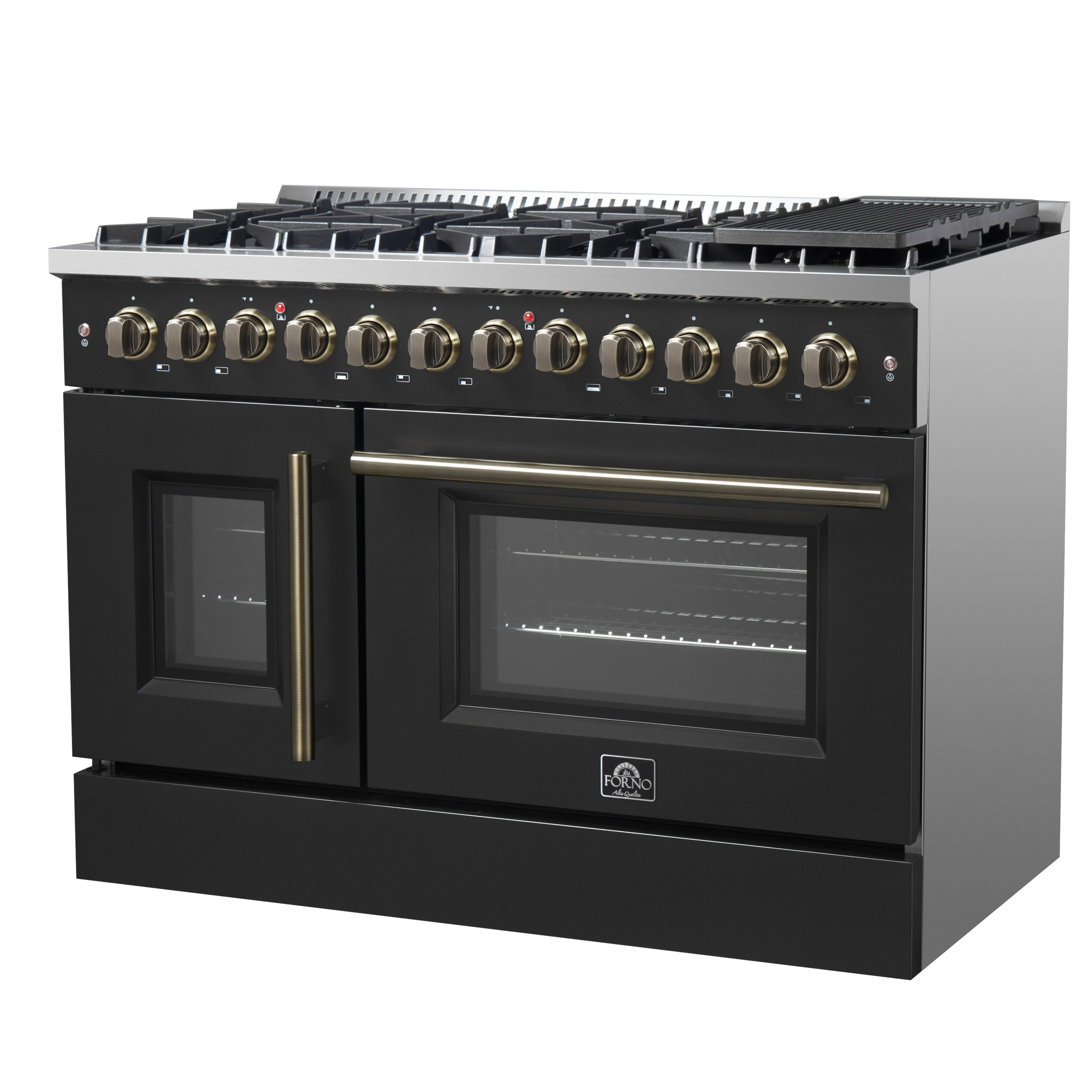 Galiano 48-inch French Door Dual Fuel Range, & Antique Brass Design, 8 Sealed Burners - 107,000 BTU, Griddle, 6.58 cu.ft. Double Ovens FFSGS635648BLK