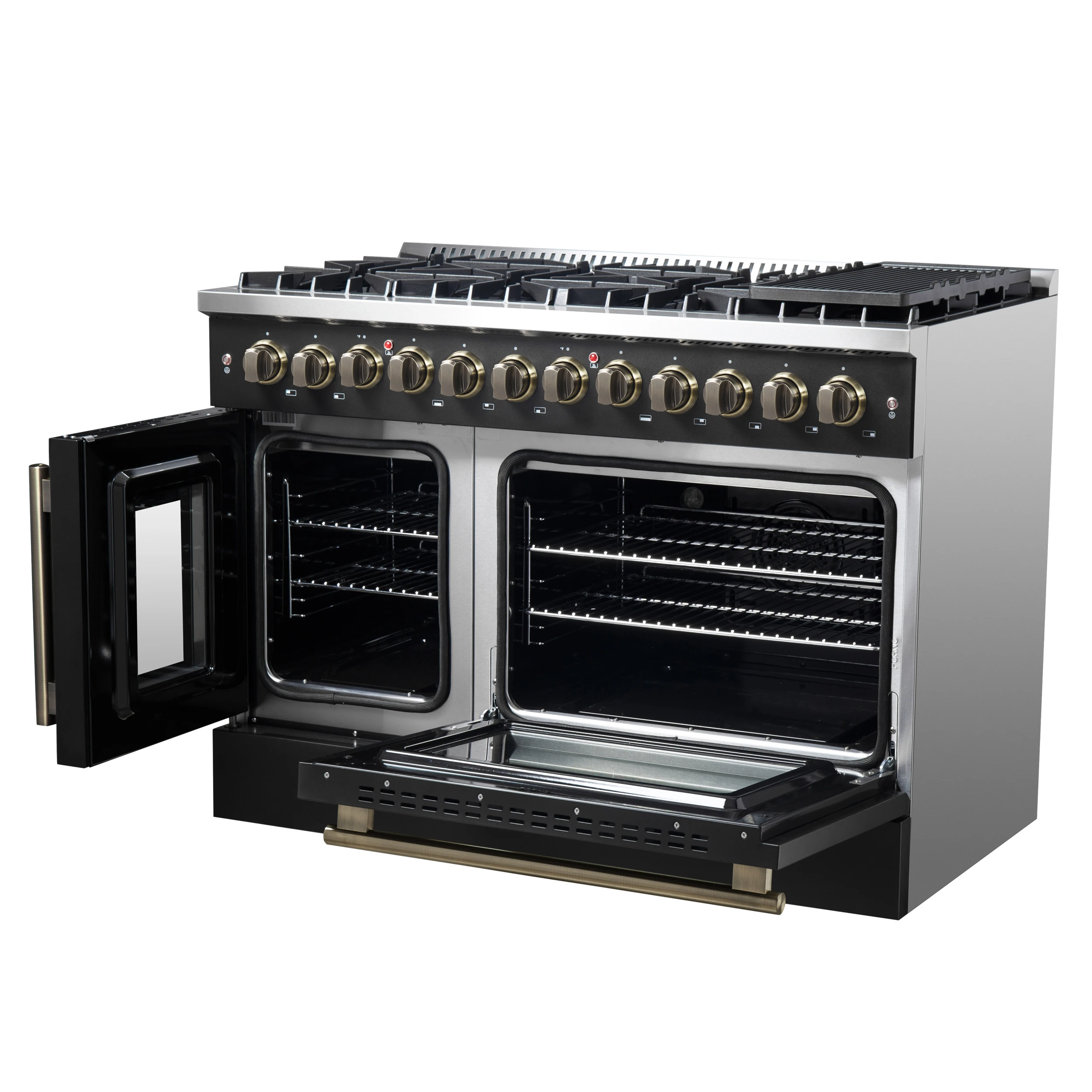 Galiano 48-inch French Door Dual Fuel Range, & Antique Brass Design, 8 Sealed Burners - 107,000 BTU, Griddle, 6.58 cu.ft. Double Ovens FFSGS635648BLK