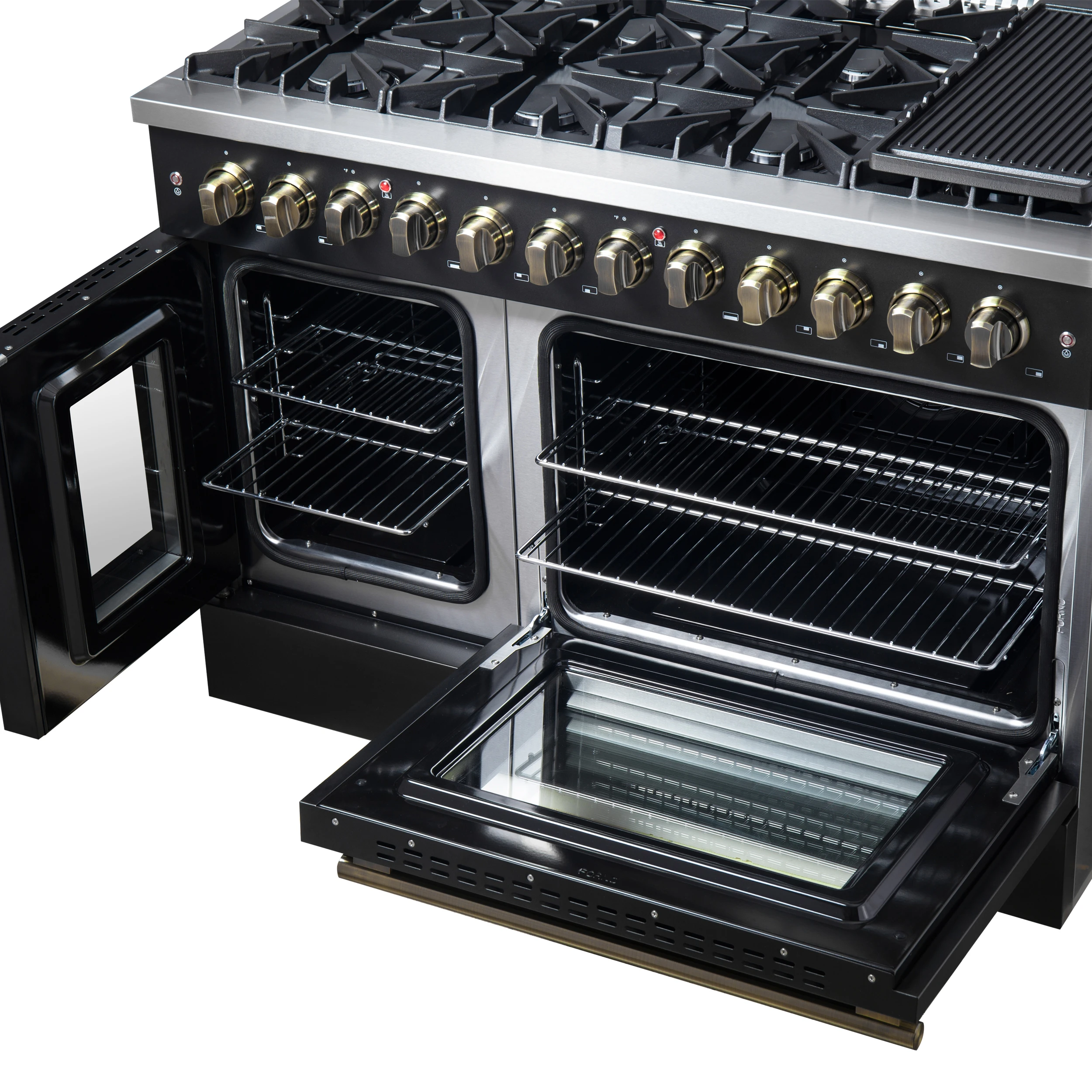 Galiano 48-inch French Door Dual Fuel Range, & Antique Brass Design, 8 Sealed Burners - 107,000 BTU, Griddle, 6.58 cu.ft. Double Ovens FFSGS635648BLK