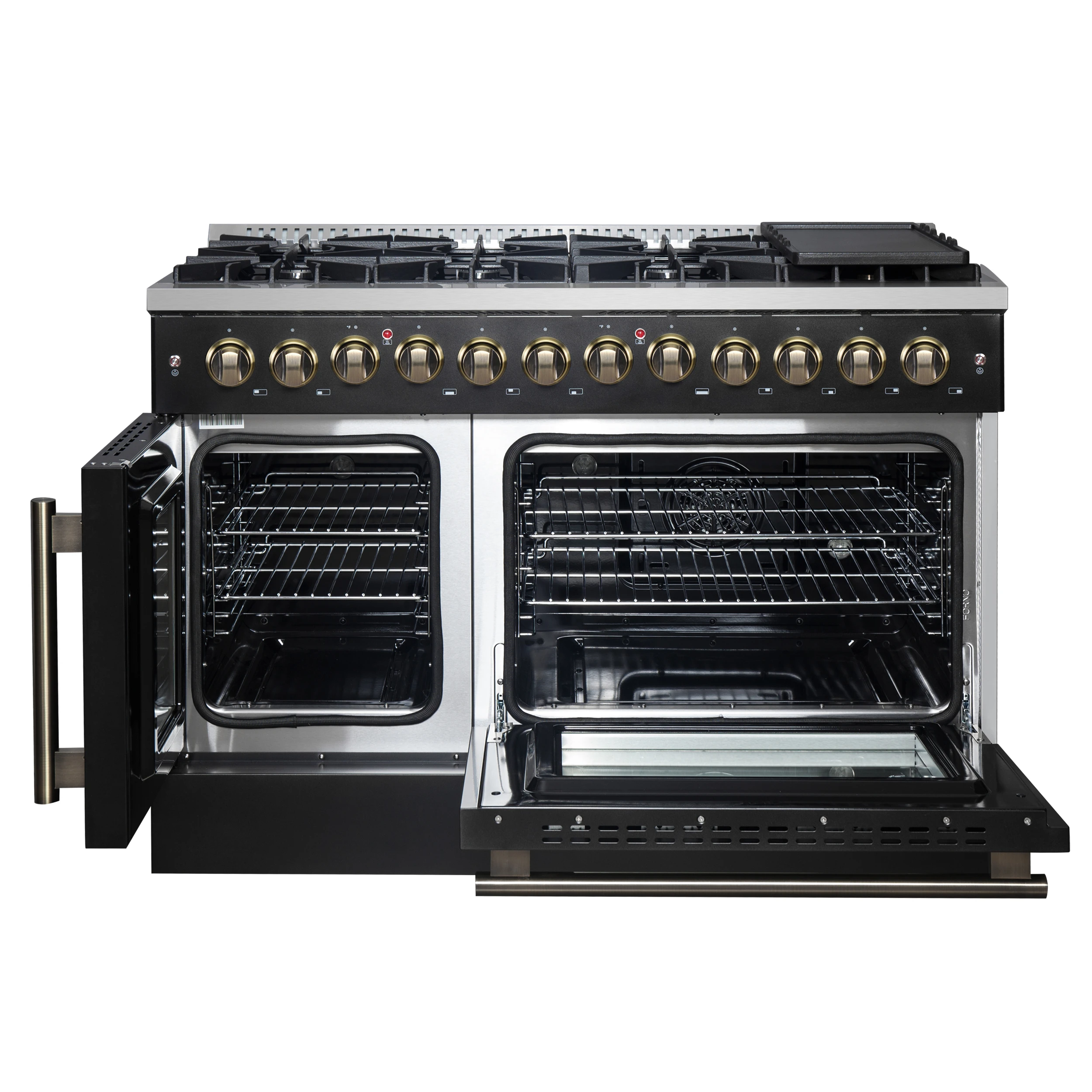 Galiano 48-inch French Door Dual Fuel Range, & Antique Brass Design, 8 Sealed Burners - 107,000 BTU, Griddle, 6.58 cu.ft. Double Ovens FFSGS635648BLK