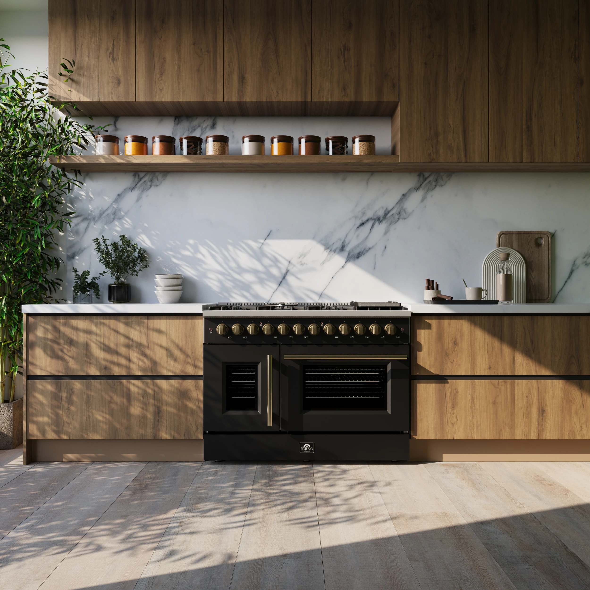 Galiano 48-inch French Door Dual Fuel Range, & Antique Brass Design, 8 Sealed Burners - 107,000 BTU, Griddle, 6.58 cu.ft. Double Ovens FFSGS635648BLK