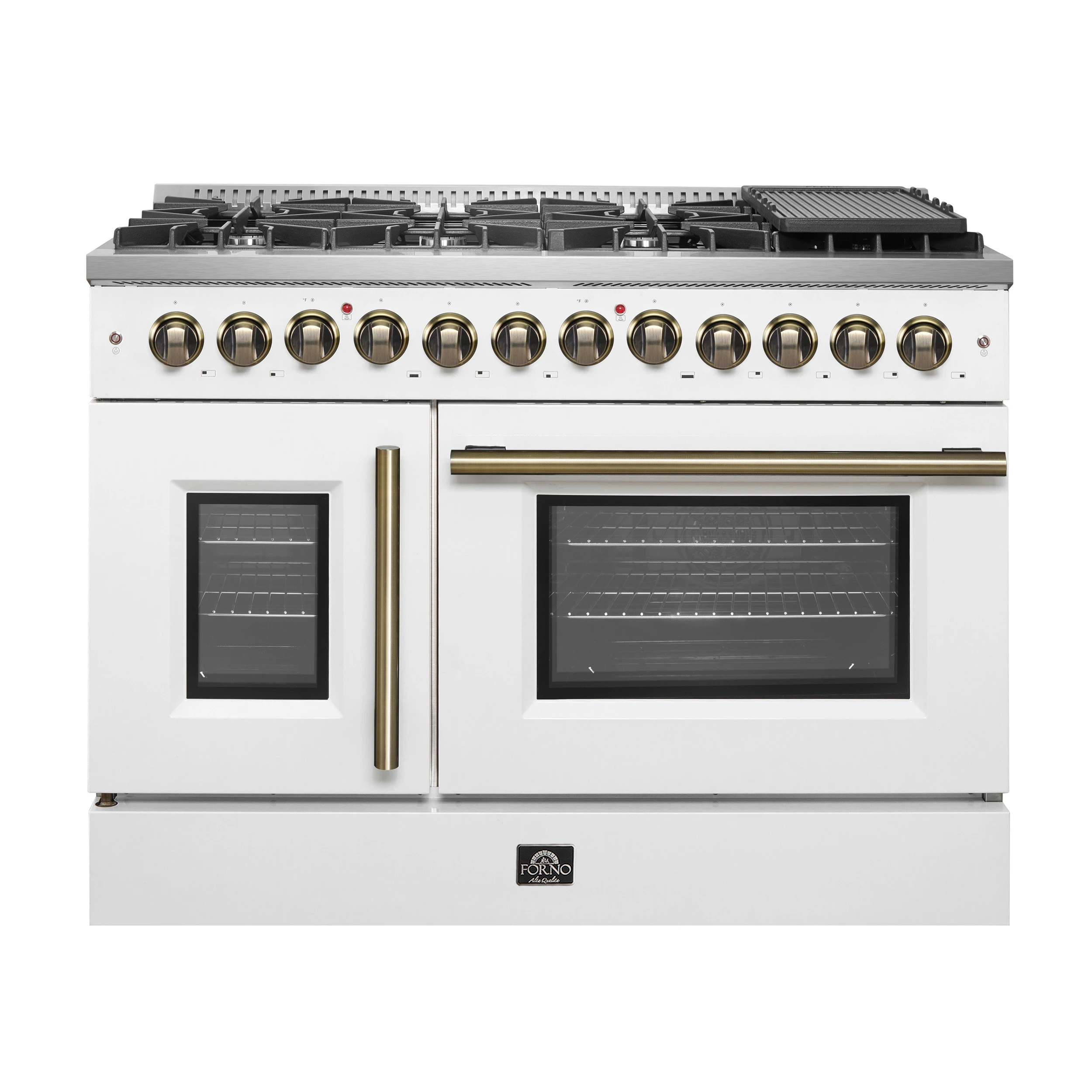 Galiano 48-inch French Door Dual Fuel Range, & Antique Brass Design, 8 Sealed Burners - 107,000 BTU, Griddle, 6.58 cu.ft. Double Ovens FFSGS635648WHT