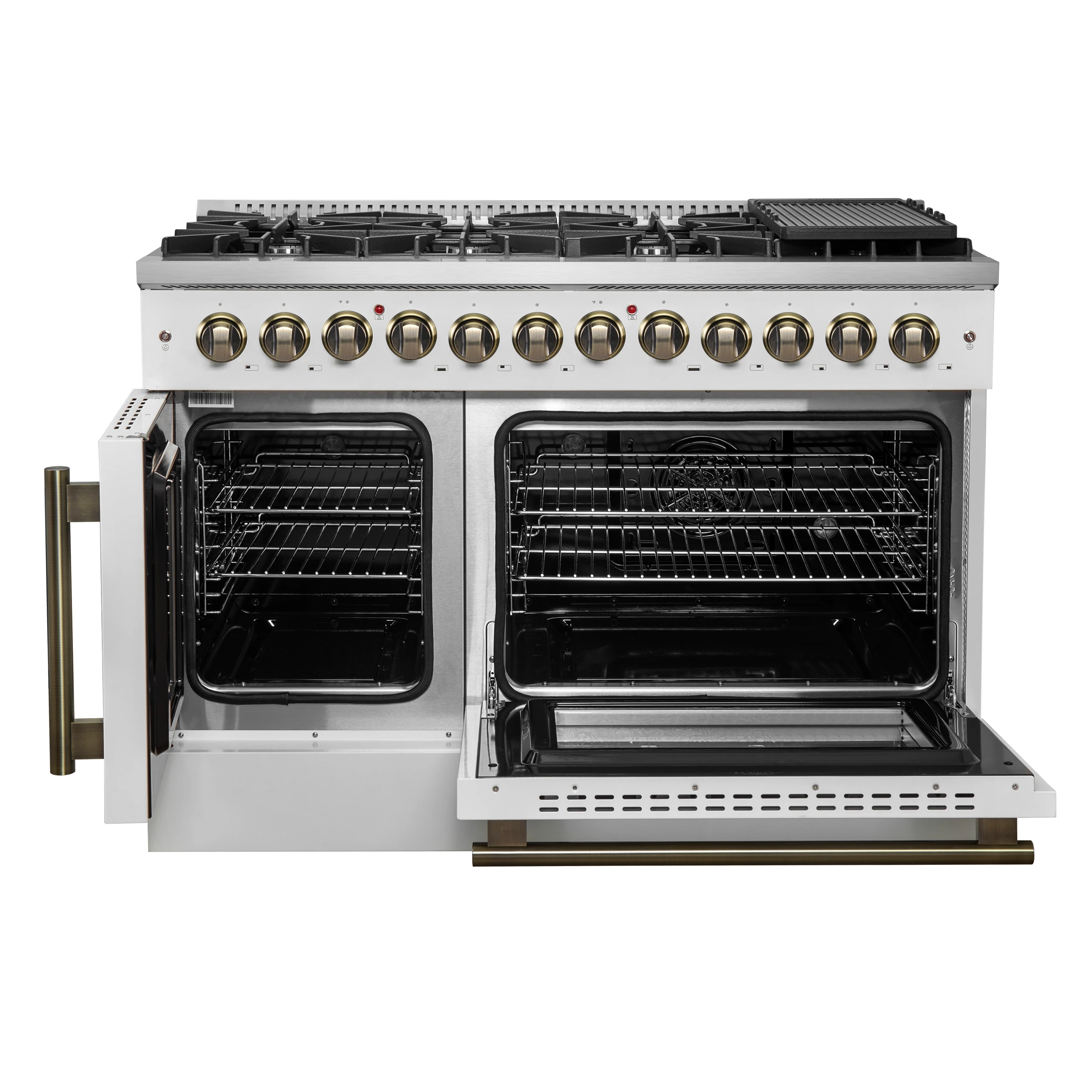 Galiano 48-inch French Door Dual Fuel Range, & Antique Brass Design, 8 Sealed Burners - 107,000 BTU, Griddle, 6.58 cu.ft. Double Ovens FFSGS635648WHT
