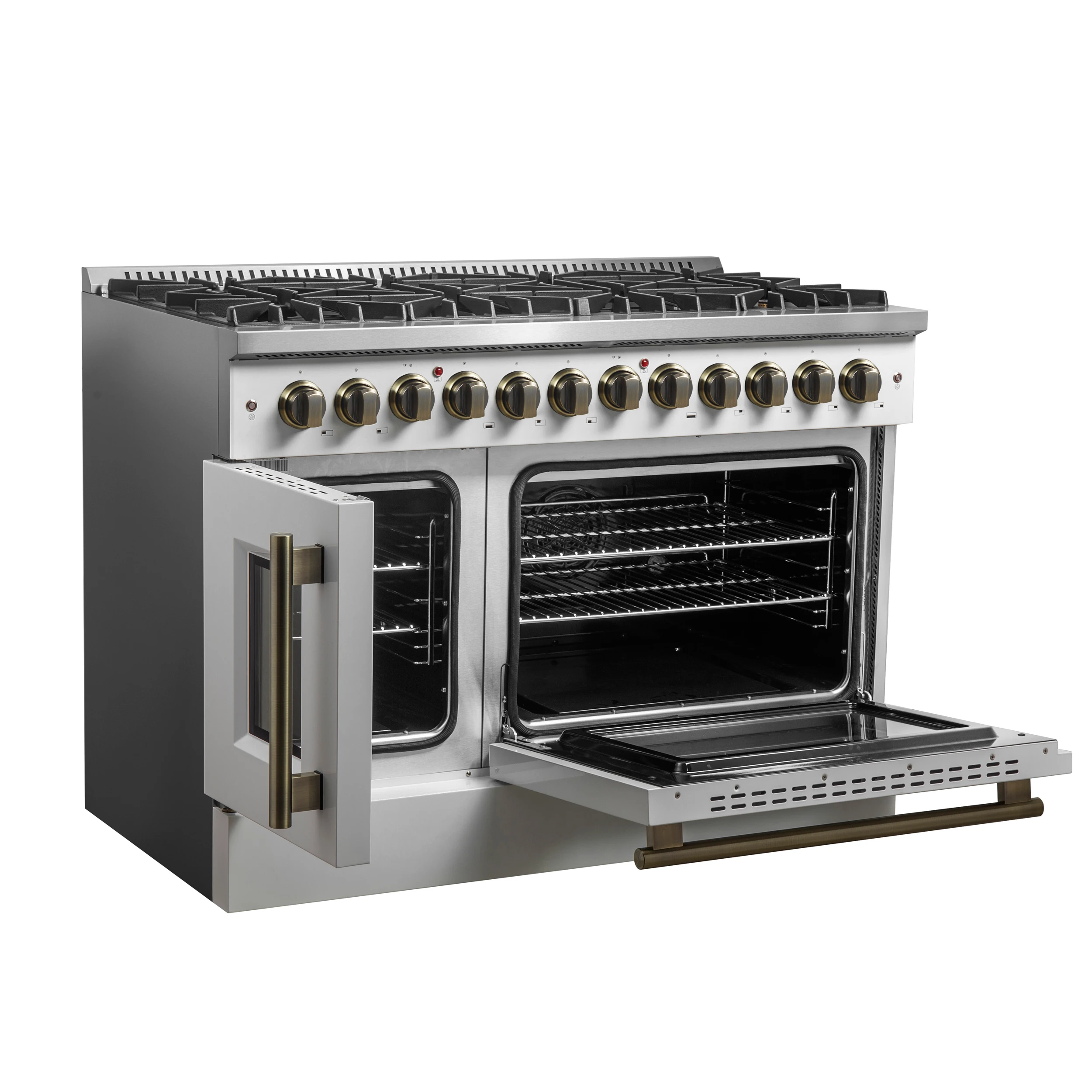 Galiano 48-inch French Door Dual Fuel Range, & Antique Brass Design, 8 Sealed Burners - 107,000 BTU, Griddle, 6.58 cu.ft. Double Ovens FFSGS635648WHT