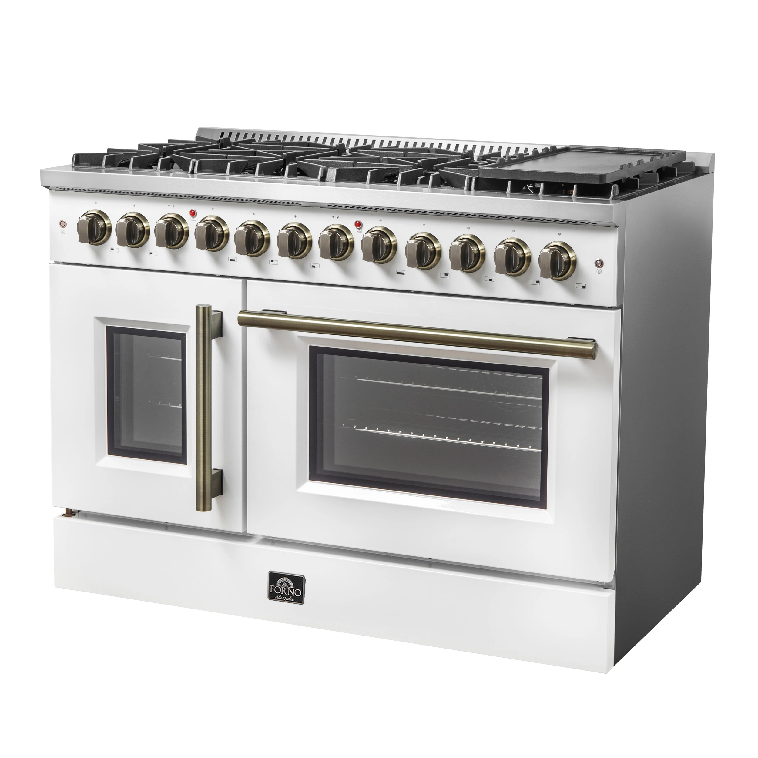 Galiano 48-inch French Door Dual Fuel Range, & Antique Brass Design, 8 Sealed Burners - 107,000 BTU, Griddle, 6.58 cu.ft. Double Ovens FFSGS635648WHT