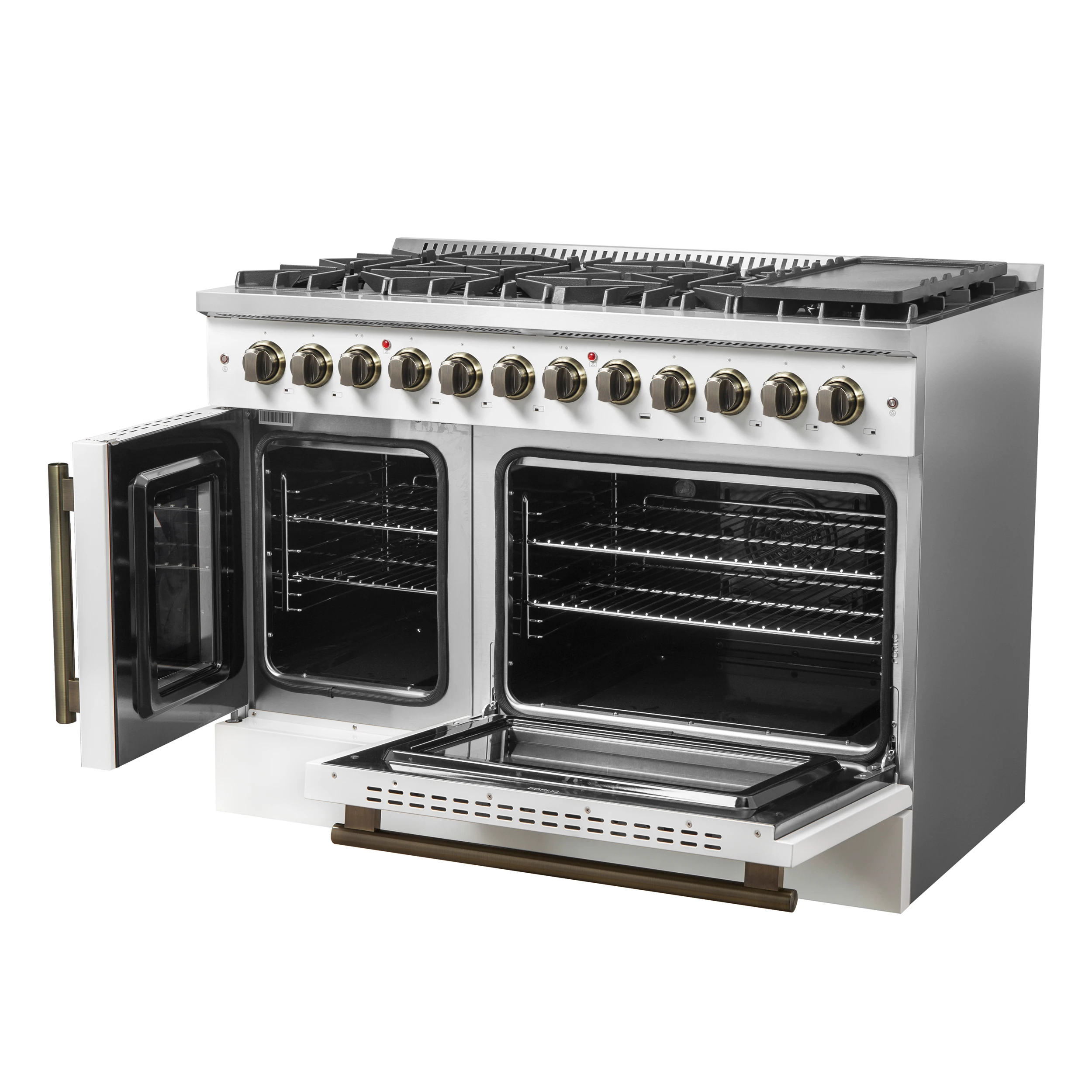 Galiano 48-inch French Door Dual Fuel Range, & Antique Brass Design, 8 Sealed Burners - 107,000 BTU, Griddle, 6.58 cu.ft. Double Ovens FFSGS635648WHT