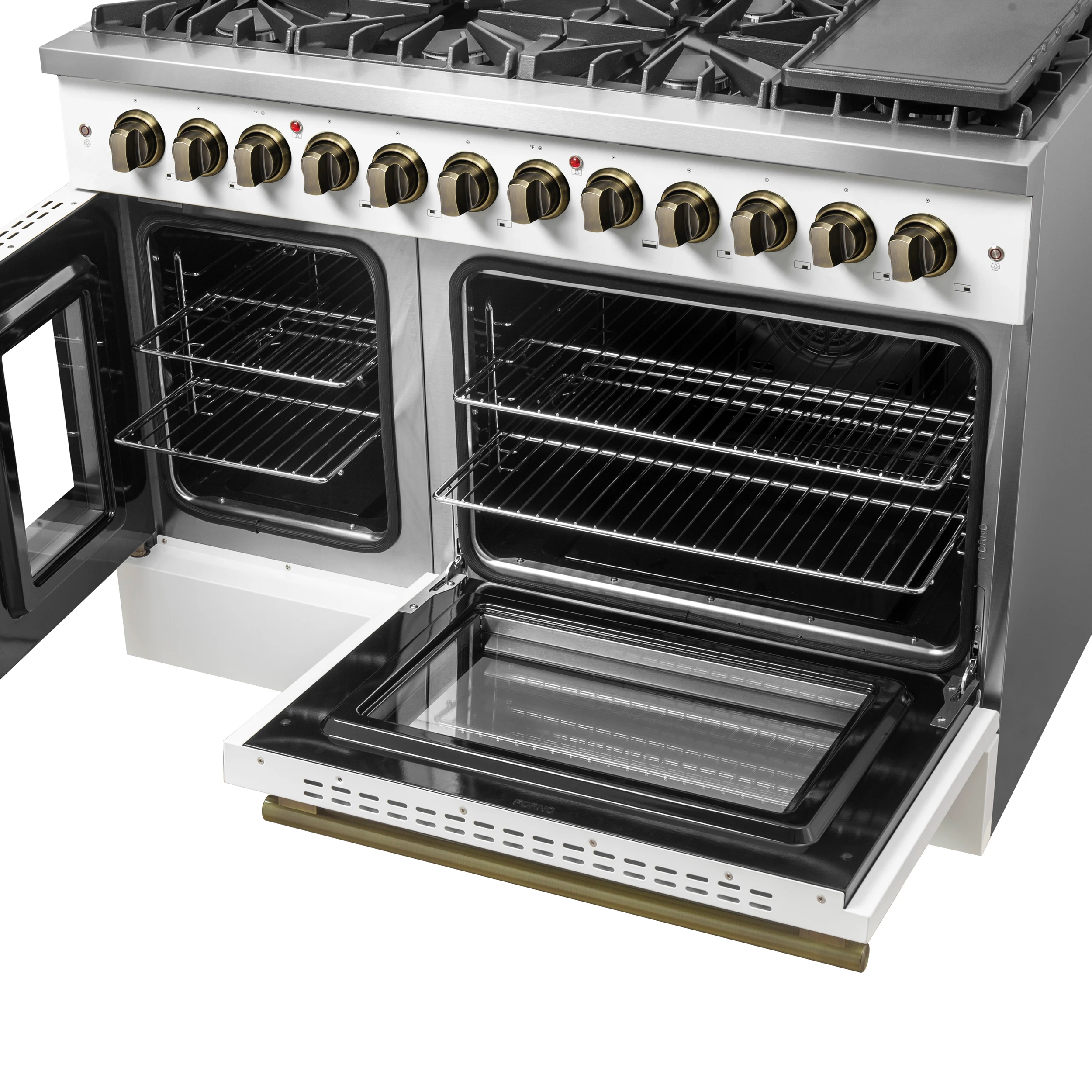 Galiano 48-inch French Door Dual Fuel Range, & Antique Brass Design, 8 Sealed Burners - 107,000 BTU, Griddle, 6.58 cu.ft. Double Ovens FFSGS635648WHT