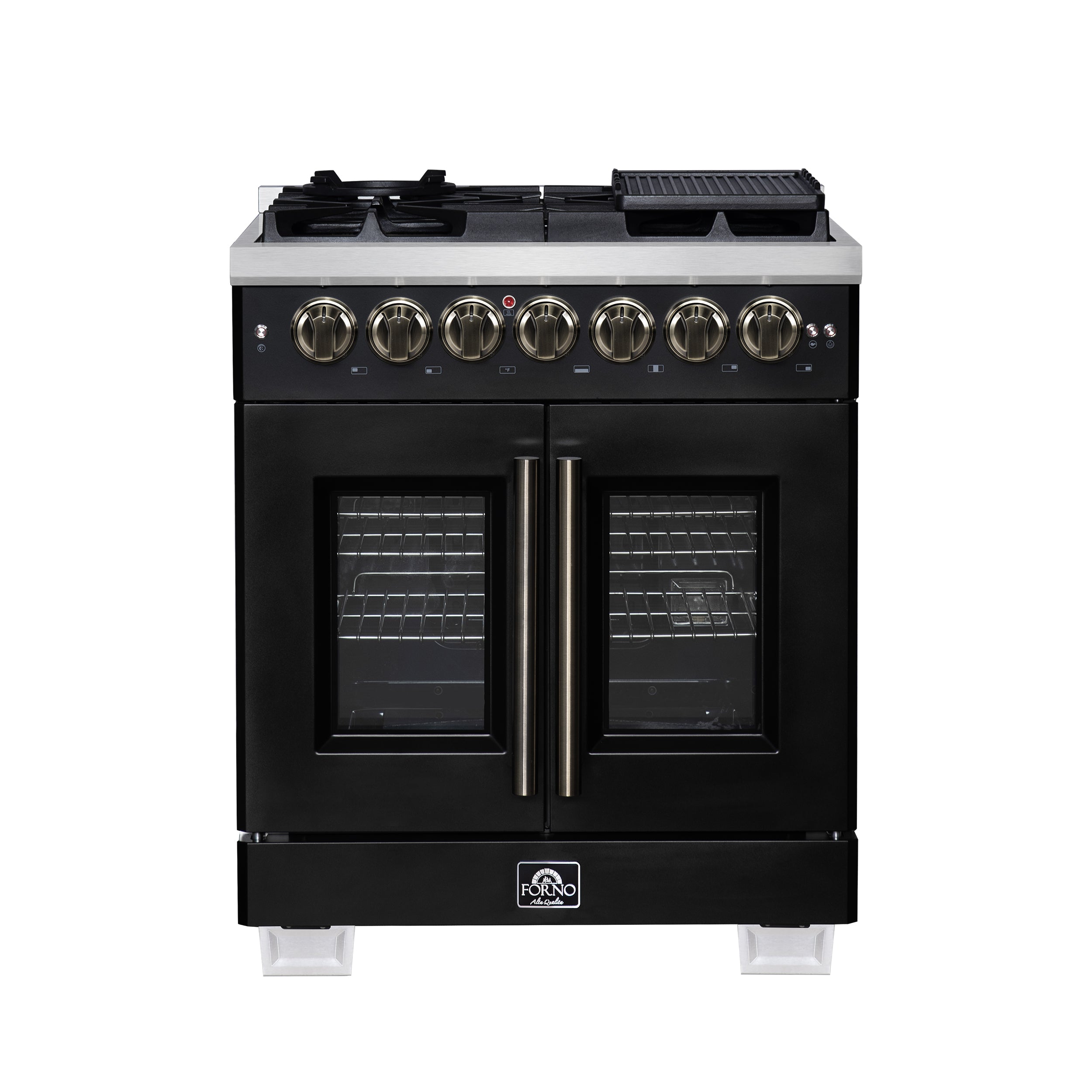 Capriasca 30-Inch Freestanding French Door Dual Fuel Range in with Antique Brass Accessories, 5 Burners, True Convection Oven FFSGS638730BLK