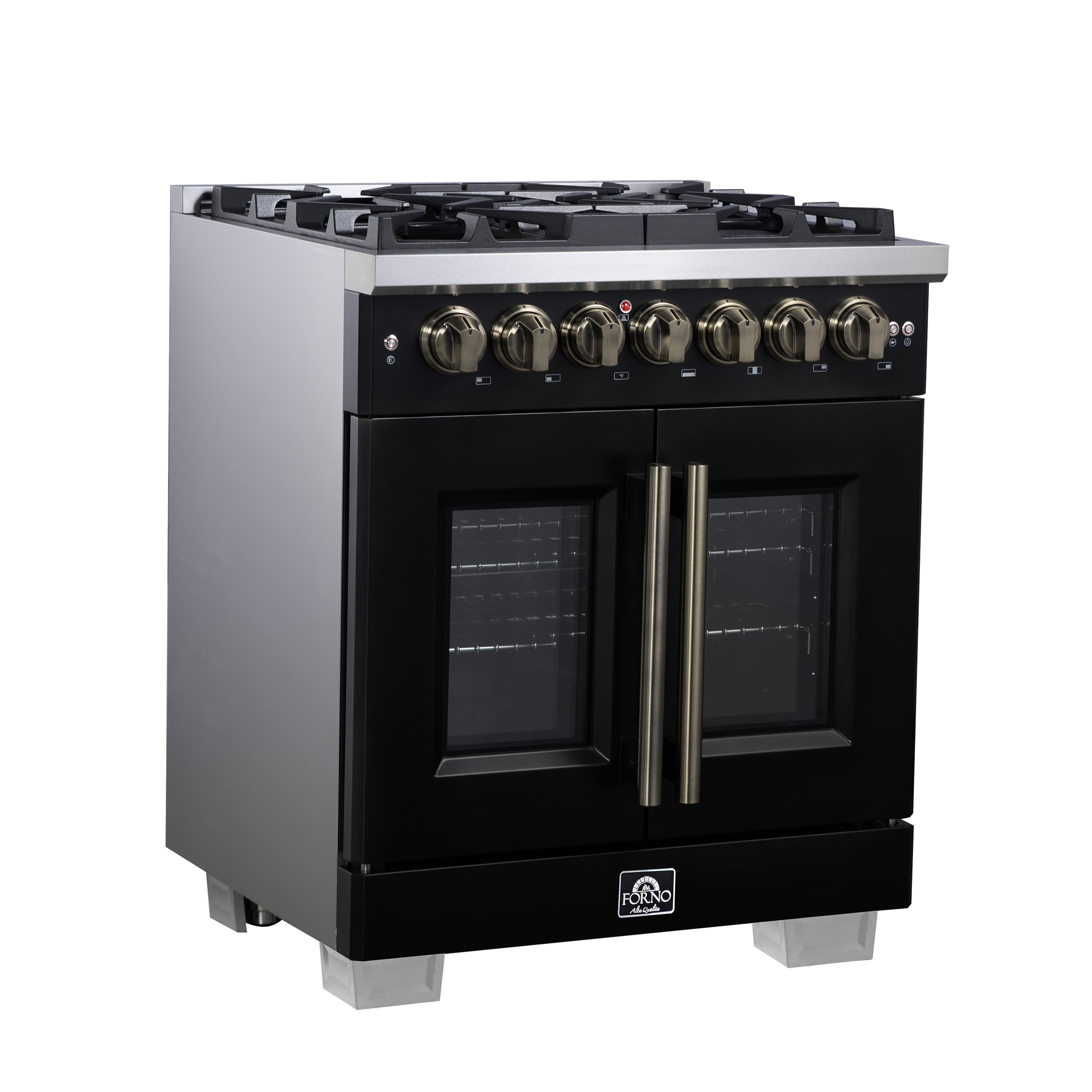 Capriasca 30-Inch Freestanding French Door Dual Fuel Range in with Antique Brass Accessories, 5 Burners, True Convection Oven FFSGS638730BLK