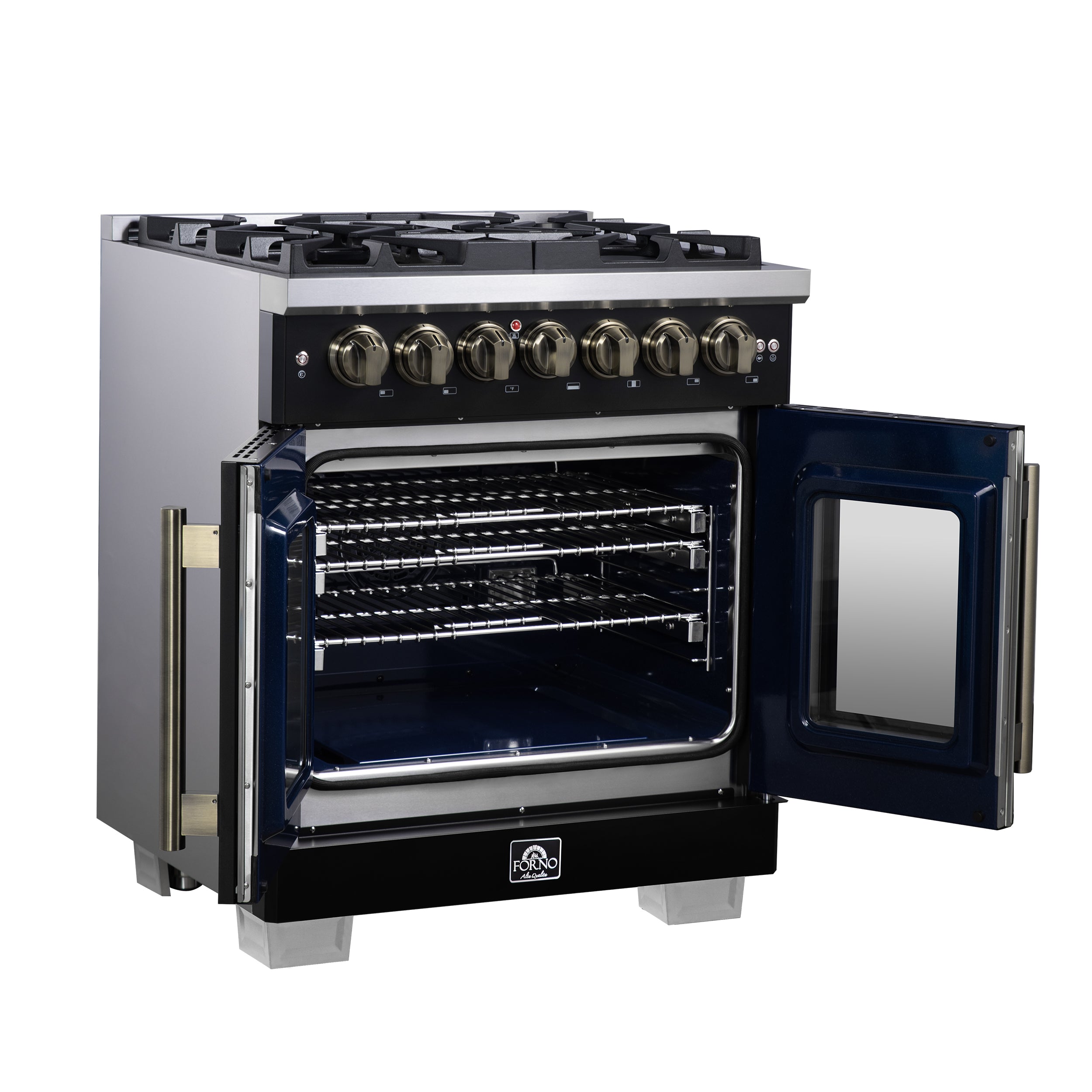 Capriasca 30-Inch Freestanding French Door Dual Fuel Range in with Antique Brass Accessories, 5 Burners, True Convection Oven FFSGS638730BLK