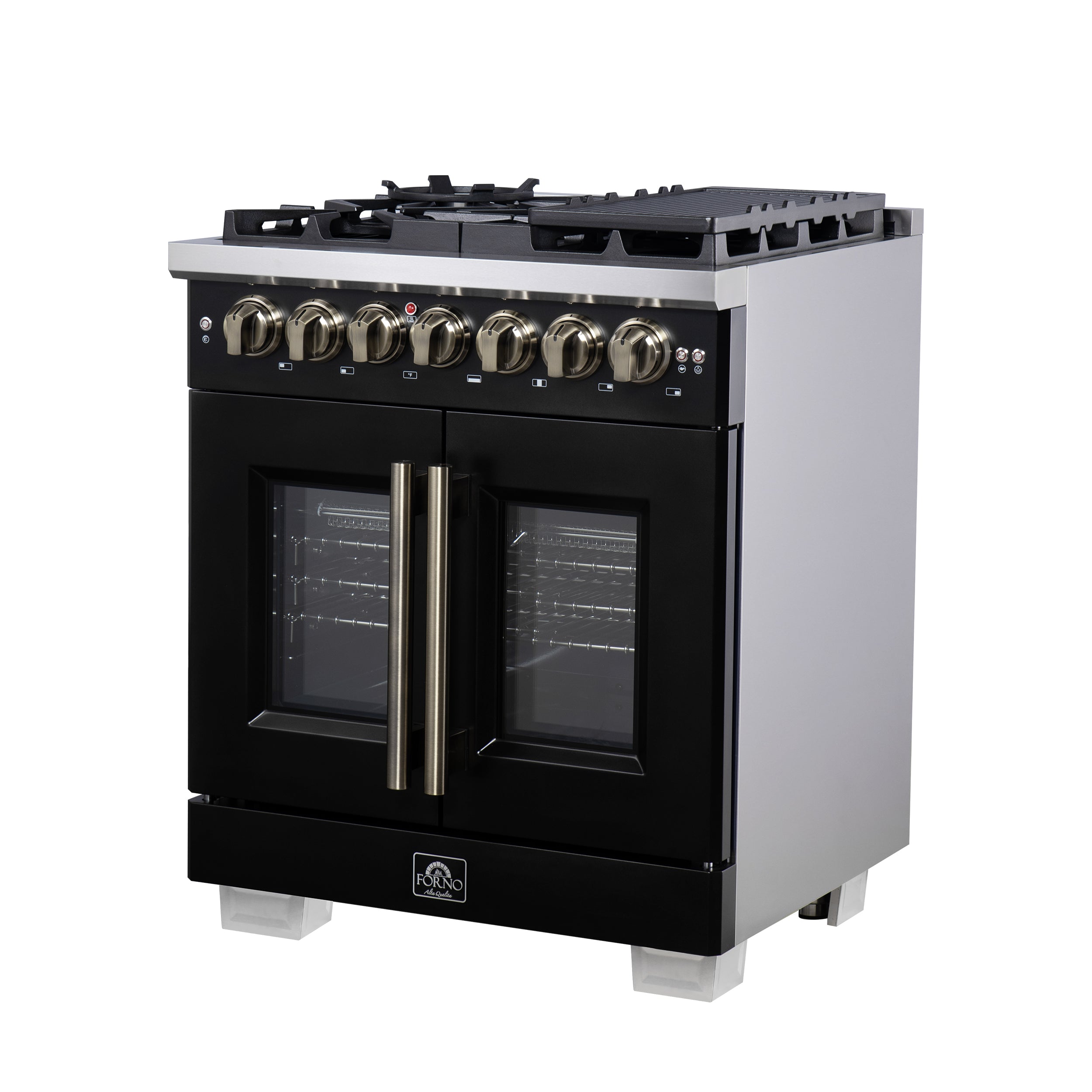 Capriasca 30-Inch Freestanding French Door Dual Fuel Range in with Antique Brass Accessories, 5 Burners, True Convection Oven FFSGS638730BLK
