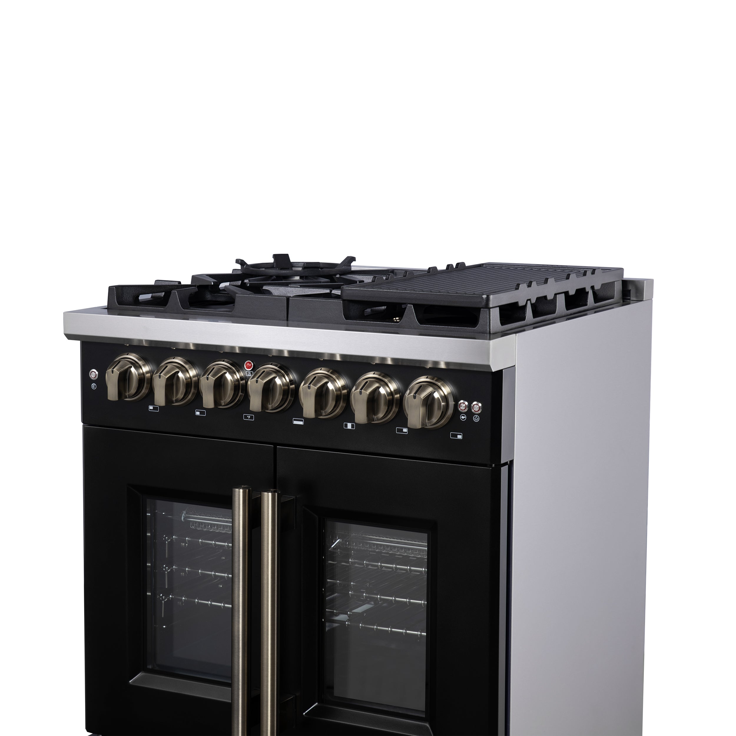 Capriasca 30-Inch Freestanding French Door Dual Fuel Range in with Antique Brass Accessories, 5 Burners, True Convection Oven FFSGS638730BLK