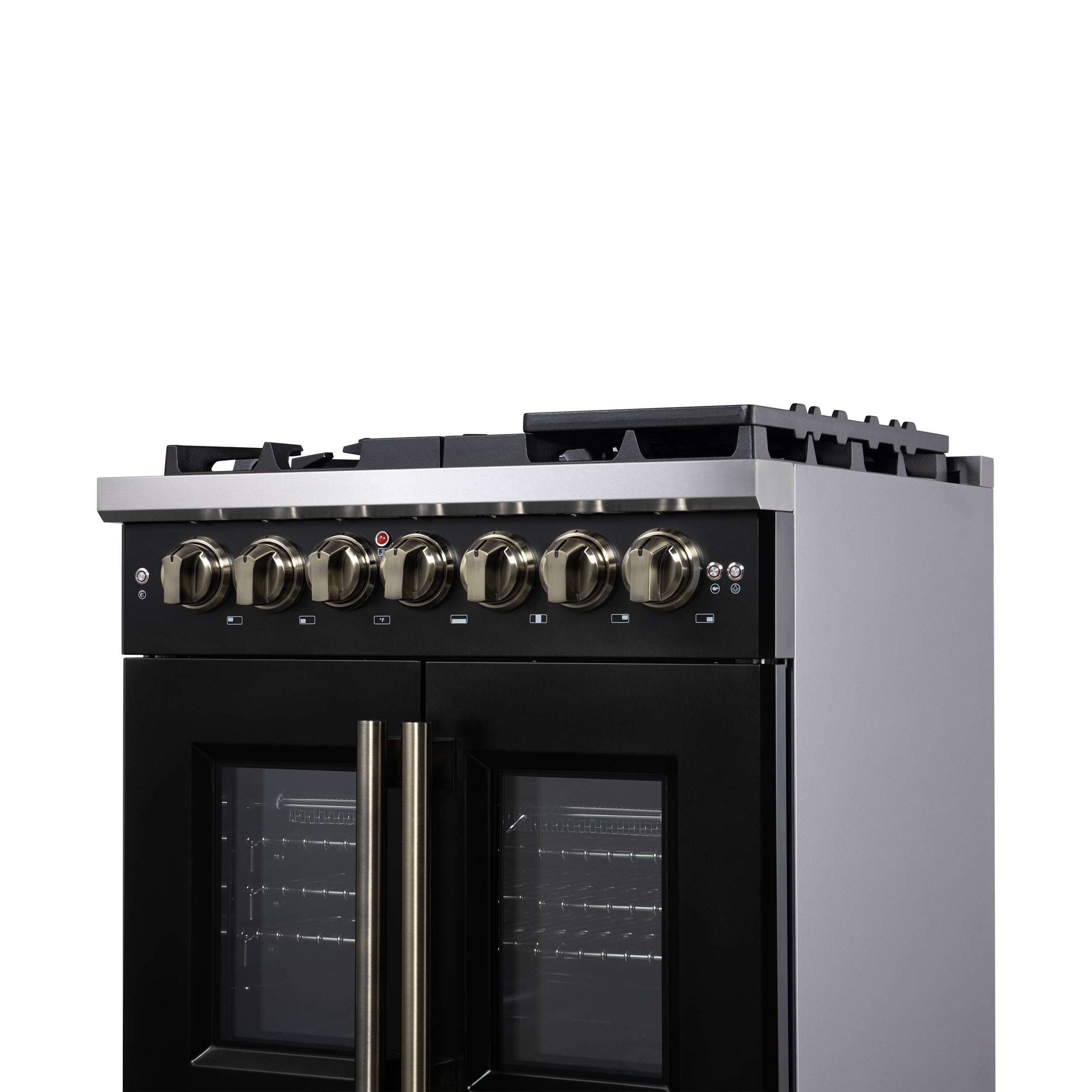 Capriasca 30-Inch Freestanding French Door Dual Fuel Range in with Antique Brass Accessories, 5 Burners, True Convection Oven FFSGS638730BLK