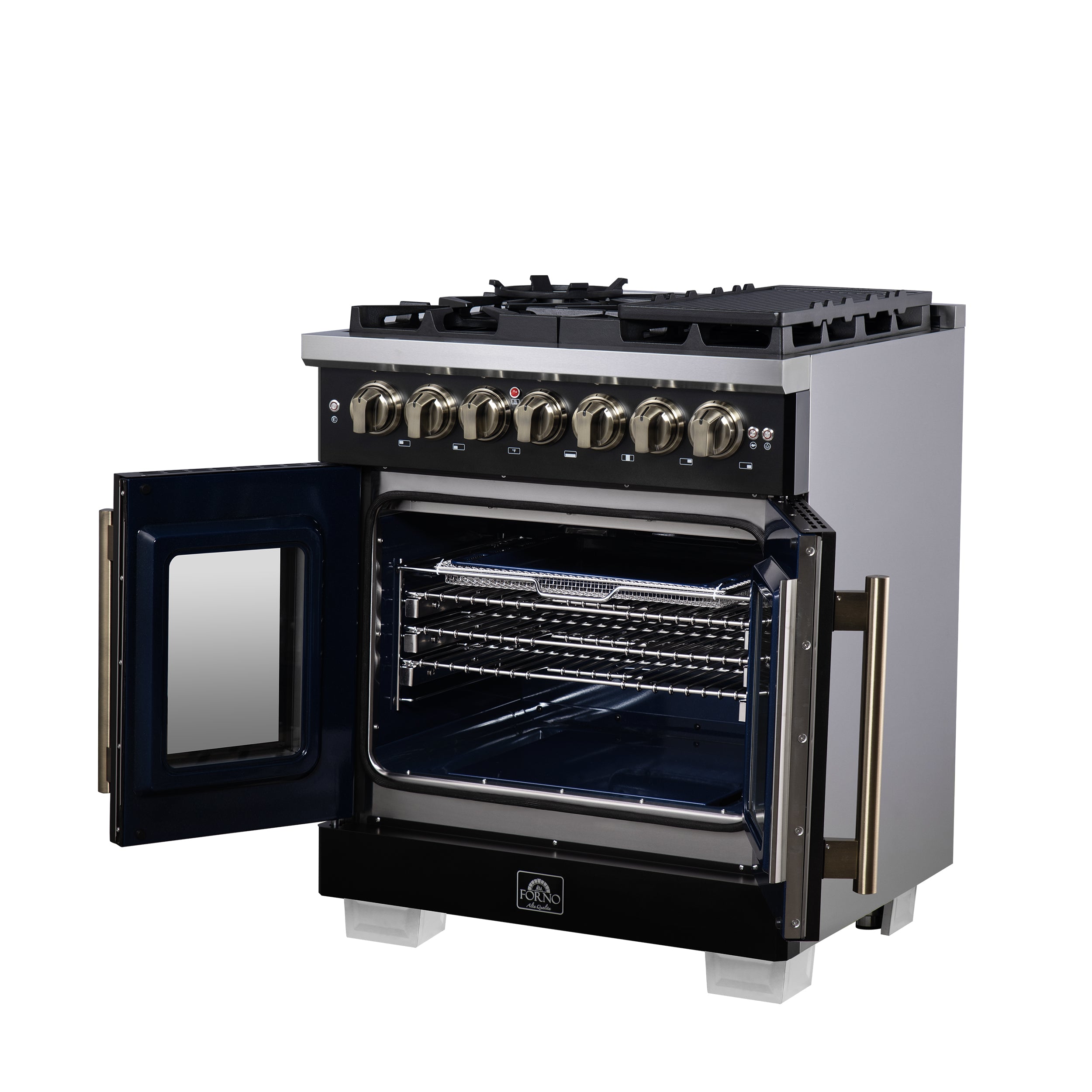 Capriasca 30-Inch Freestanding French Door Dual Fuel Range in with Antique Brass Accessories, 5 Burners, True Convection Oven FFSGS638730BLK