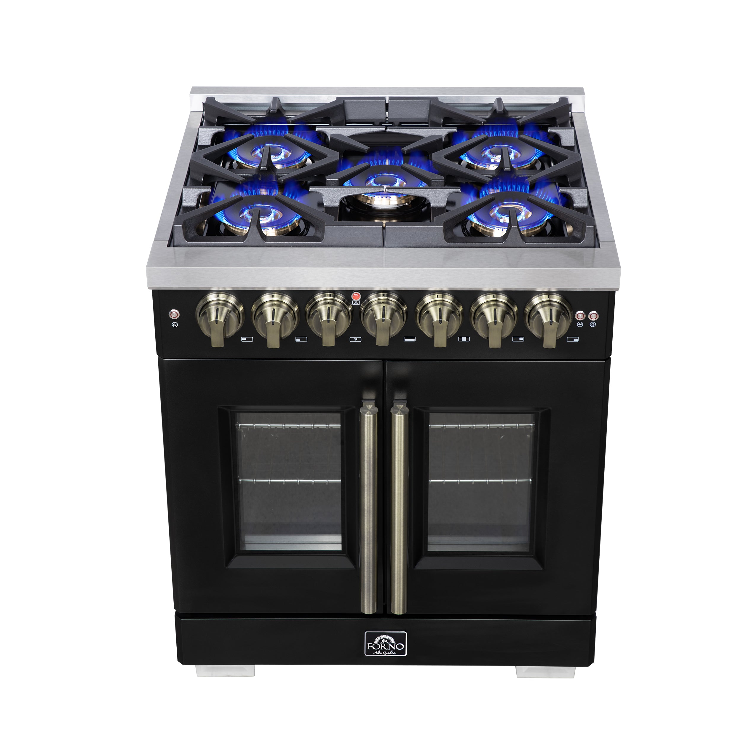 Capriasca 30-Inch Freestanding French Door Dual Fuel Range in with Antique Brass Accessories, 5 Burners, True Convection Oven FFSGS638730BLK