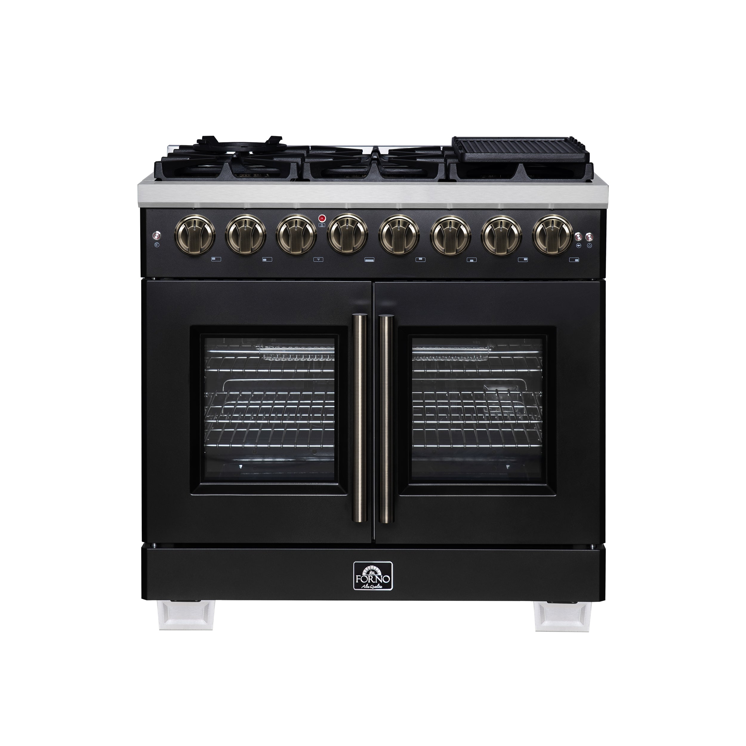 Capriasca 36 Inch Freestanding French Door Dual Fuel Range in with Antique Brass Accessories, 6 Burners, True Convection Oven FFSGS638736BLK