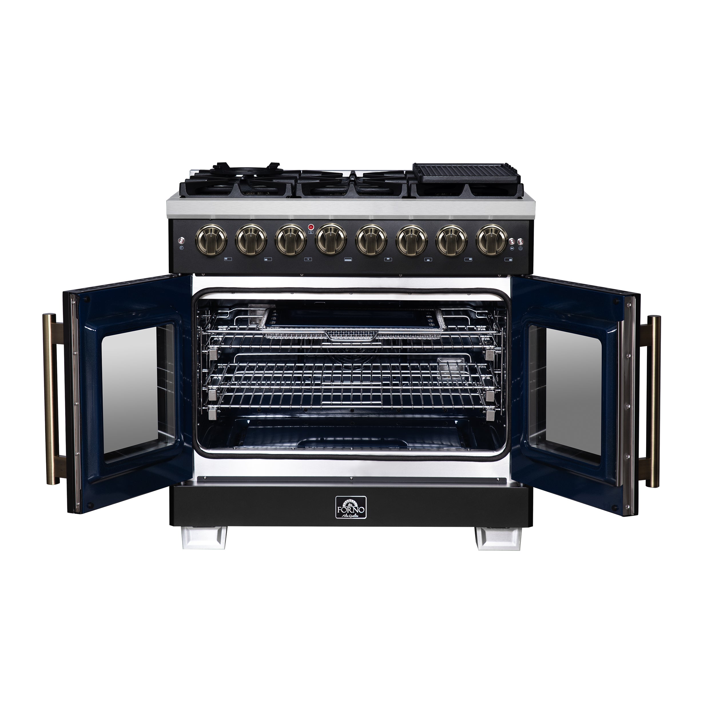 Capriasca 36 Inch Freestanding French Door Dual Fuel Range in with Antique Brass Accessories, 6 Burners, True Convection Oven FFSGS638736BLK