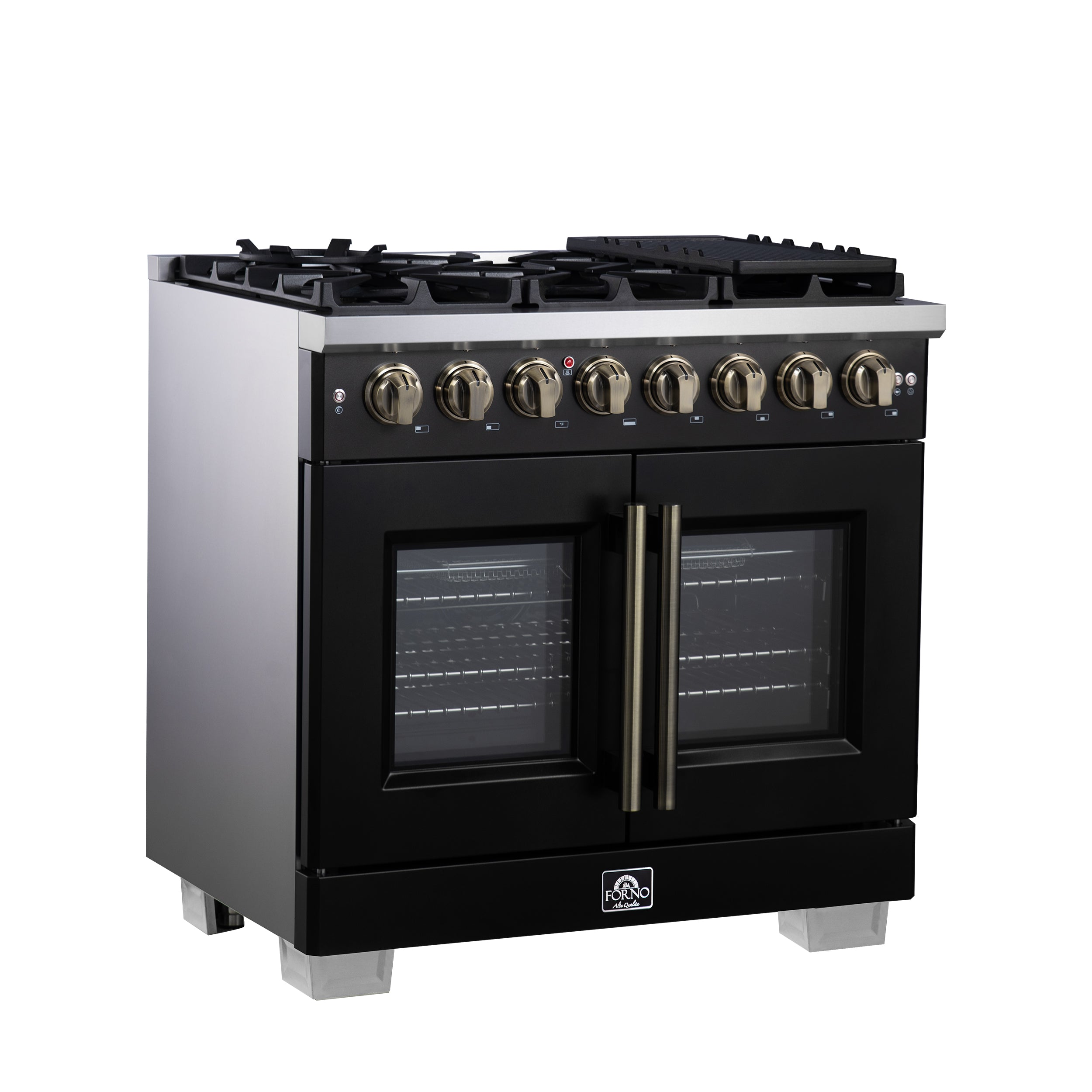 Capriasca 36 Inch Freestanding French Door Dual Fuel Range in with Antique Brass Accessories, 6 Burners, True Convection Oven FFSGS638736BLK