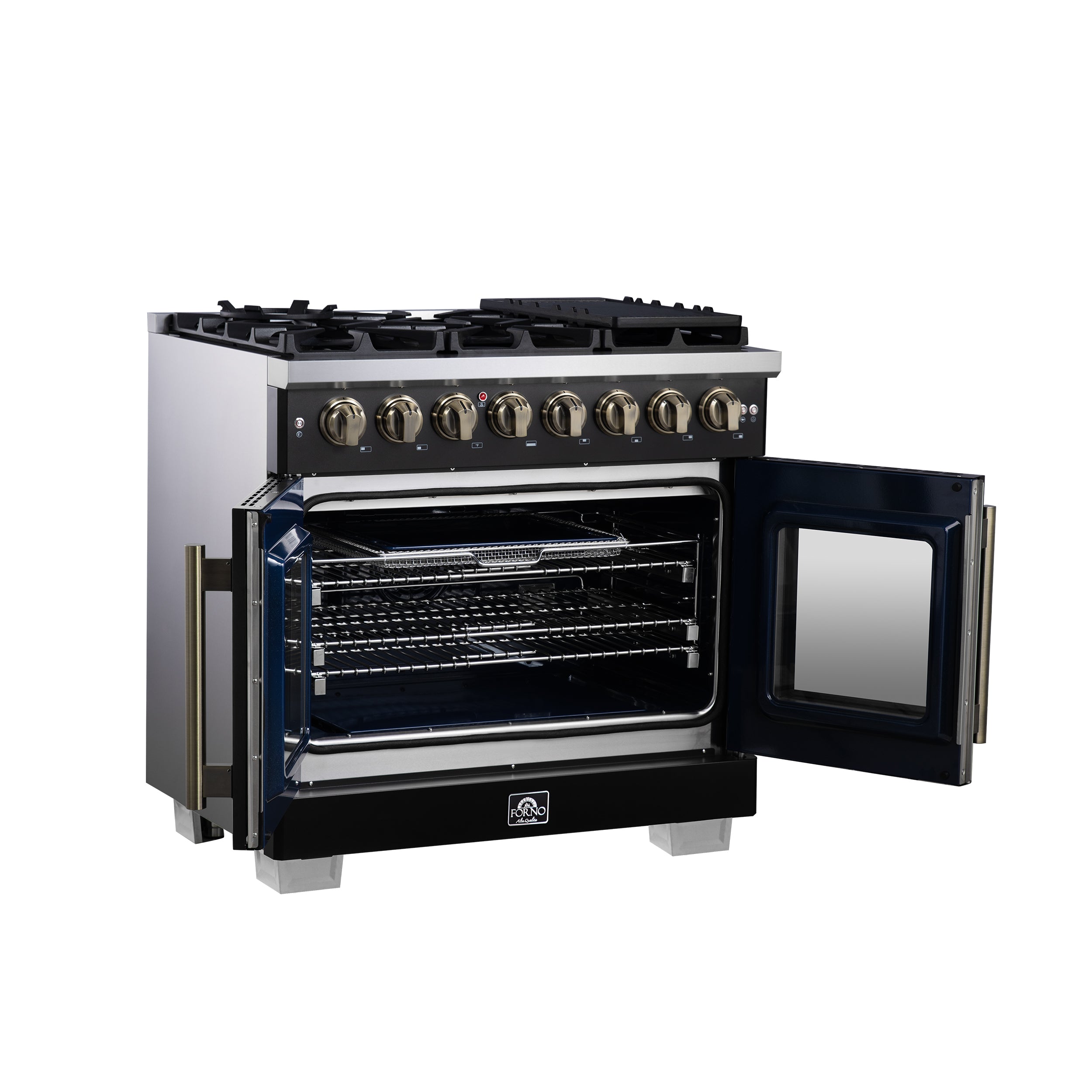 Capriasca 36 Inch Freestanding French Door Dual Fuel Range in with Antique Brass Accessories, 6 Burners, True Convection Oven FFSGS638736BLK