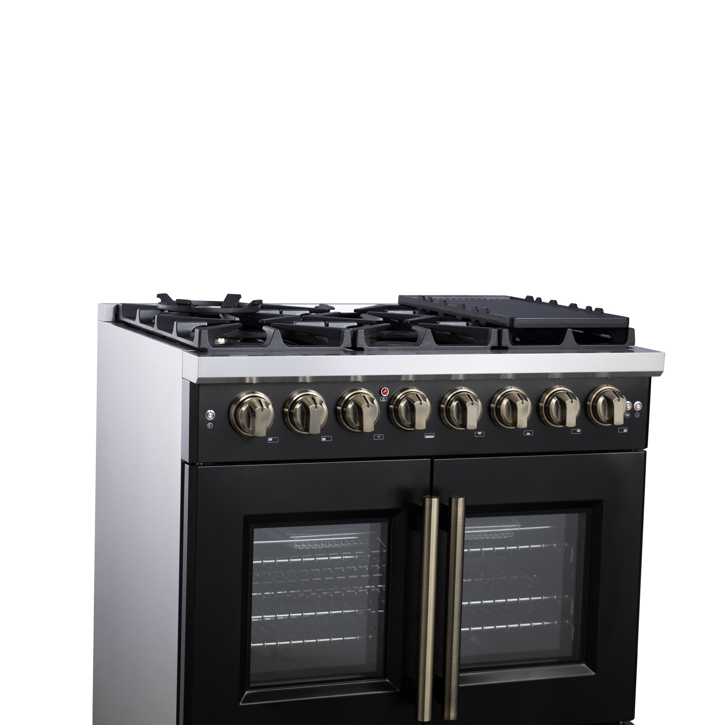 Capriasca 36 Inch Freestanding French Door Dual Fuel Range in with Antique Brass Accessories, 6 Burners, True Convection Oven FFSGS638736BLK