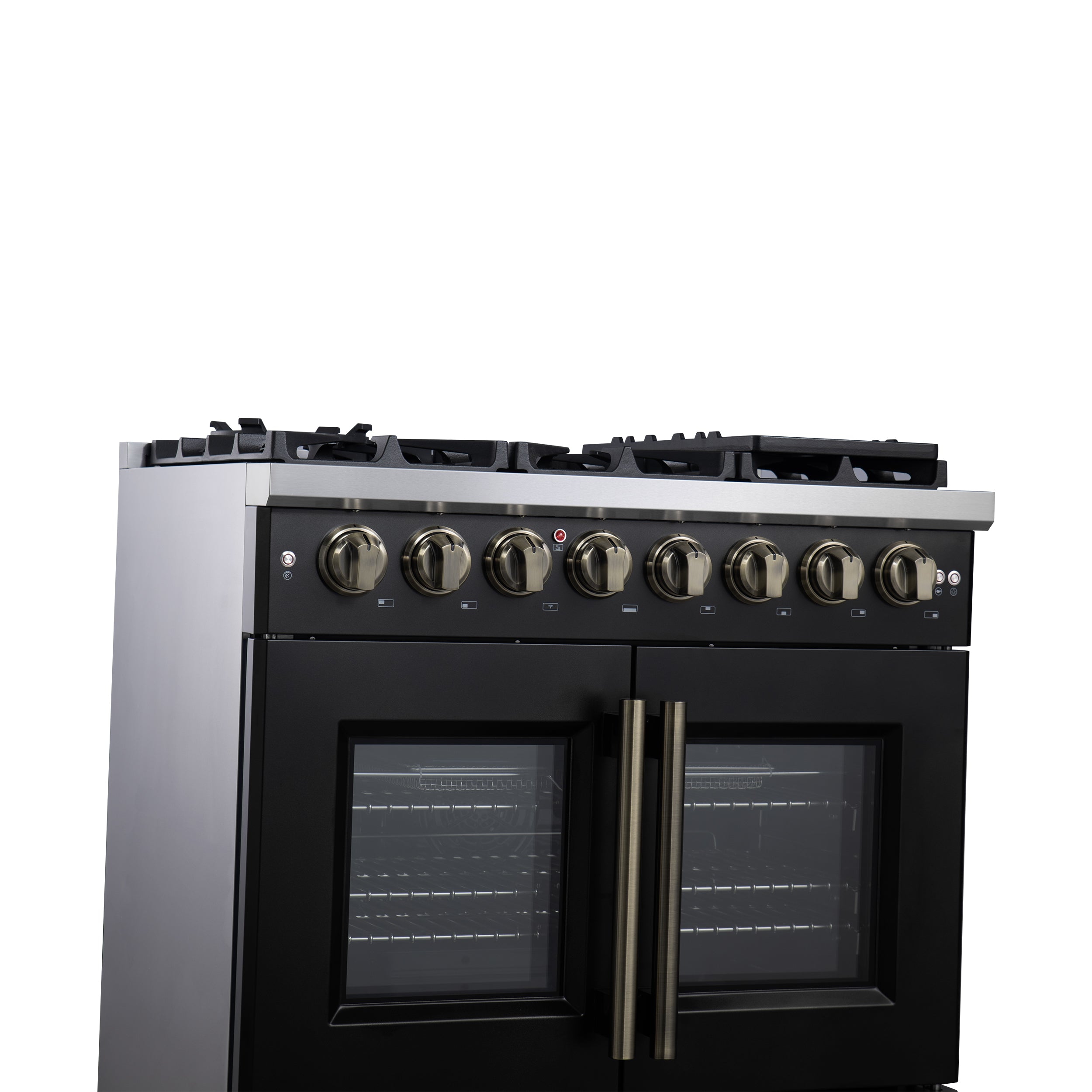 Capriasca 36 Inch Freestanding French Door Dual Fuel Range in with Antique Brass Accessories, 6 Burners, True Convection Oven FFSGS638736BLK