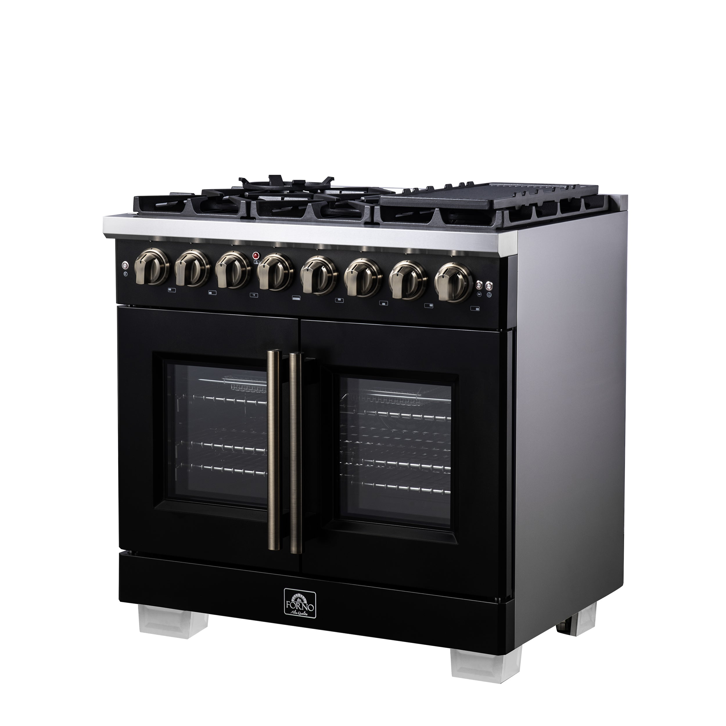 Capriasca 36 Inch Freestanding French Door Dual Fuel Range in with Antique Brass Accessories, 6 Burners, True Convection Oven FFSGS638736BLK