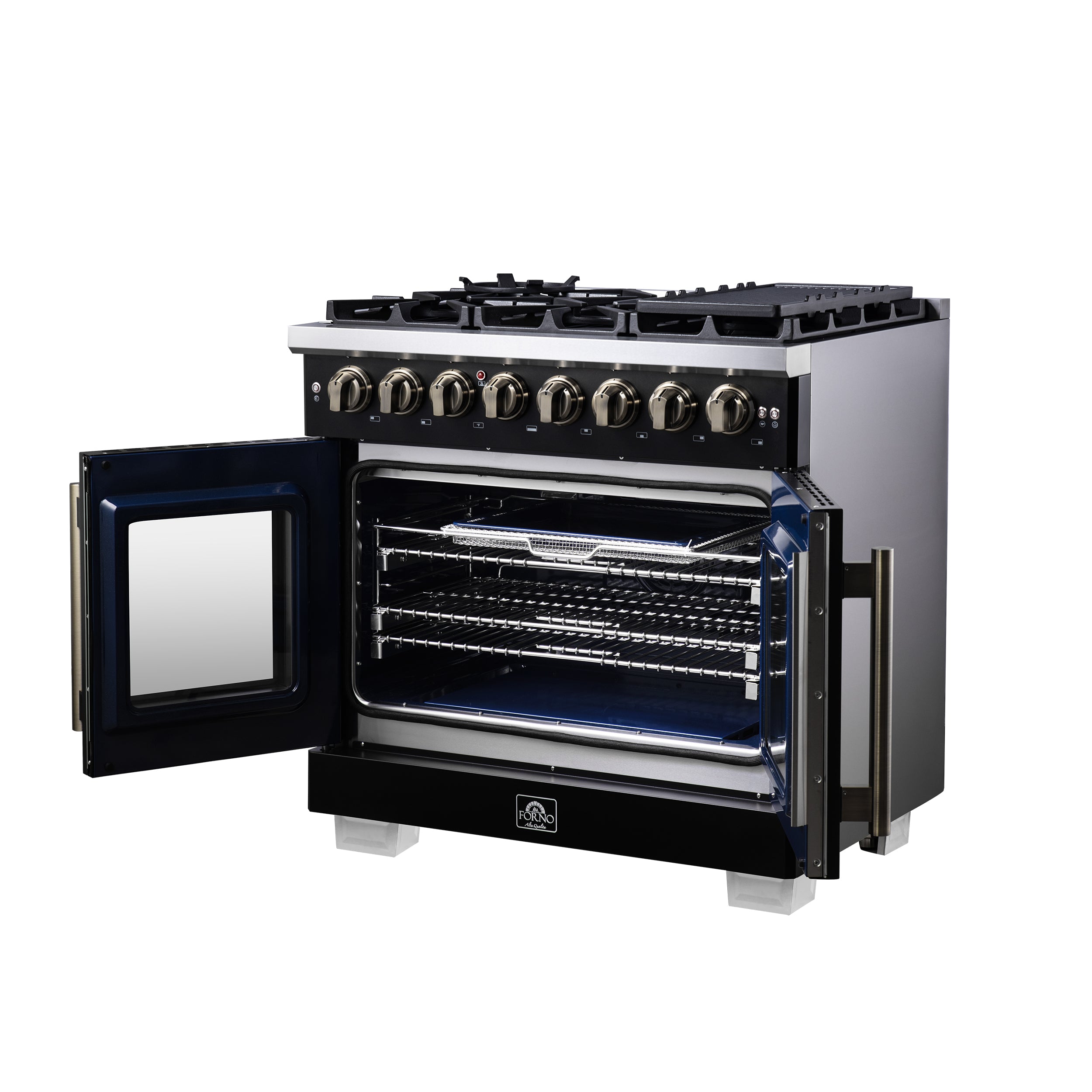 Capriasca 36 Inch Freestanding French Door Dual Fuel Range in with Antique Brass Accessories, 6 Burners, True Convection Oven FFSGS638736BLK