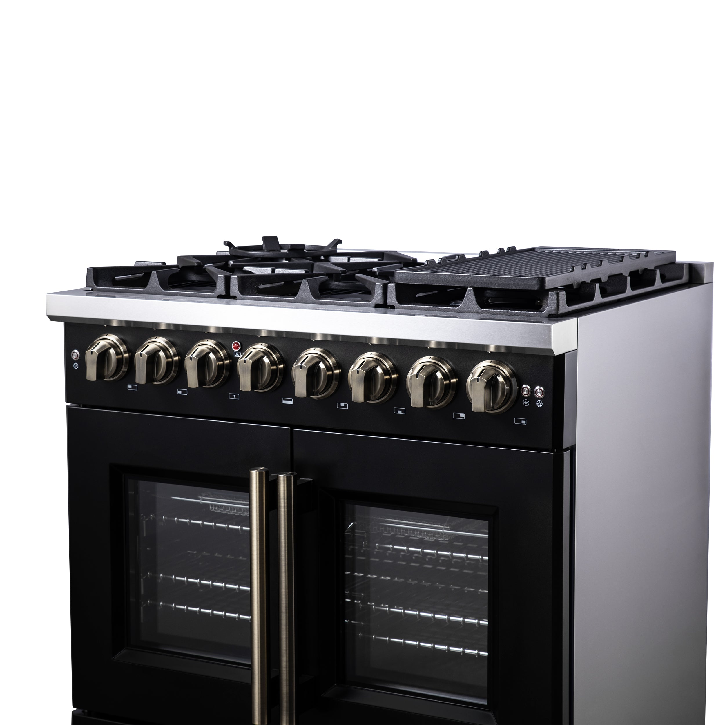Capriasca 36 Inch Freestanding French Door Dual Fuel Range in with Antique Brass Accessories, 6 Burners, True Convection Oven FFSGS638736BLK