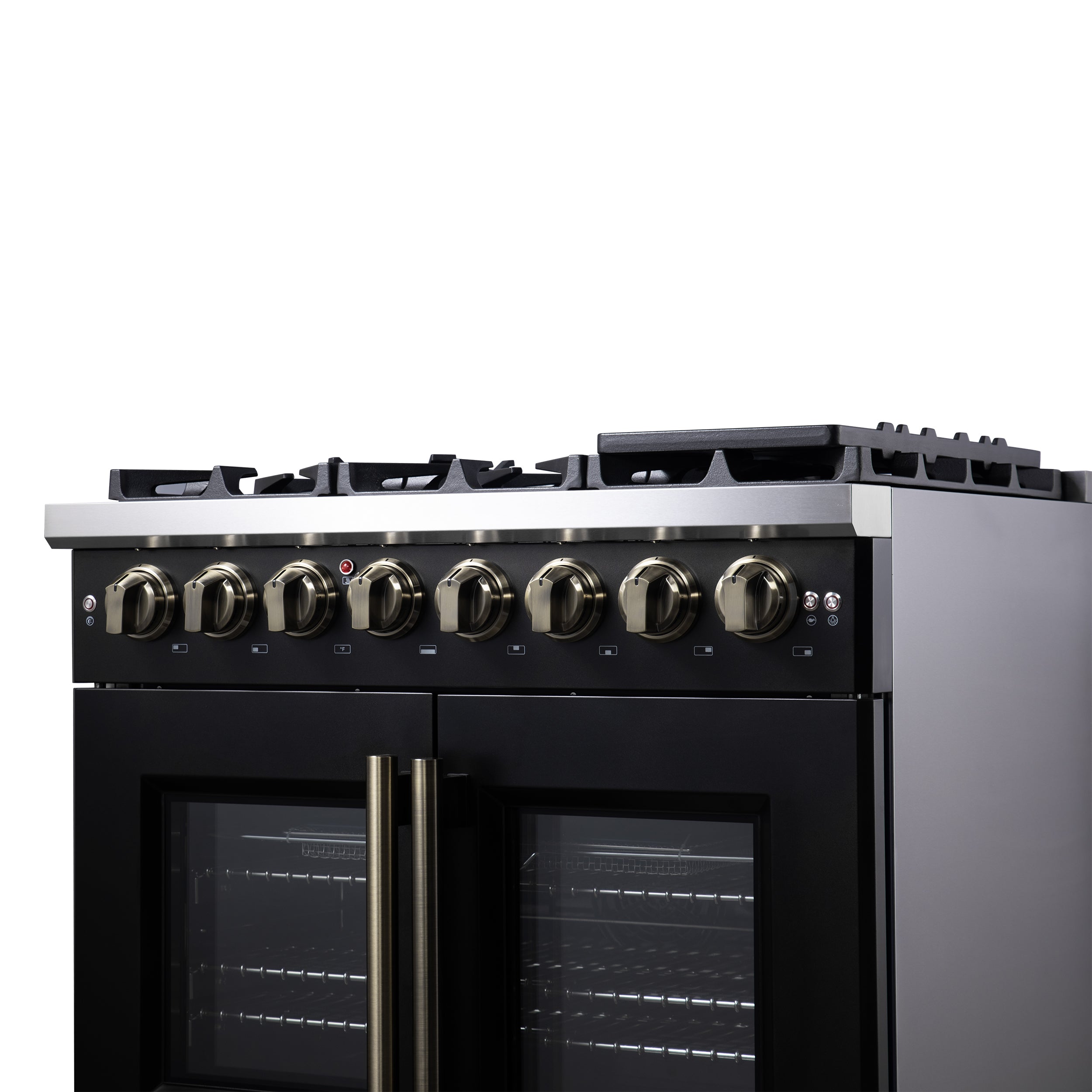 Capriasca 36 Inch Freestanding French Door Dual Fuel Range in with Antique Brass Accessories, 6 Burners, True Convection Oven FFSGS638736BLK