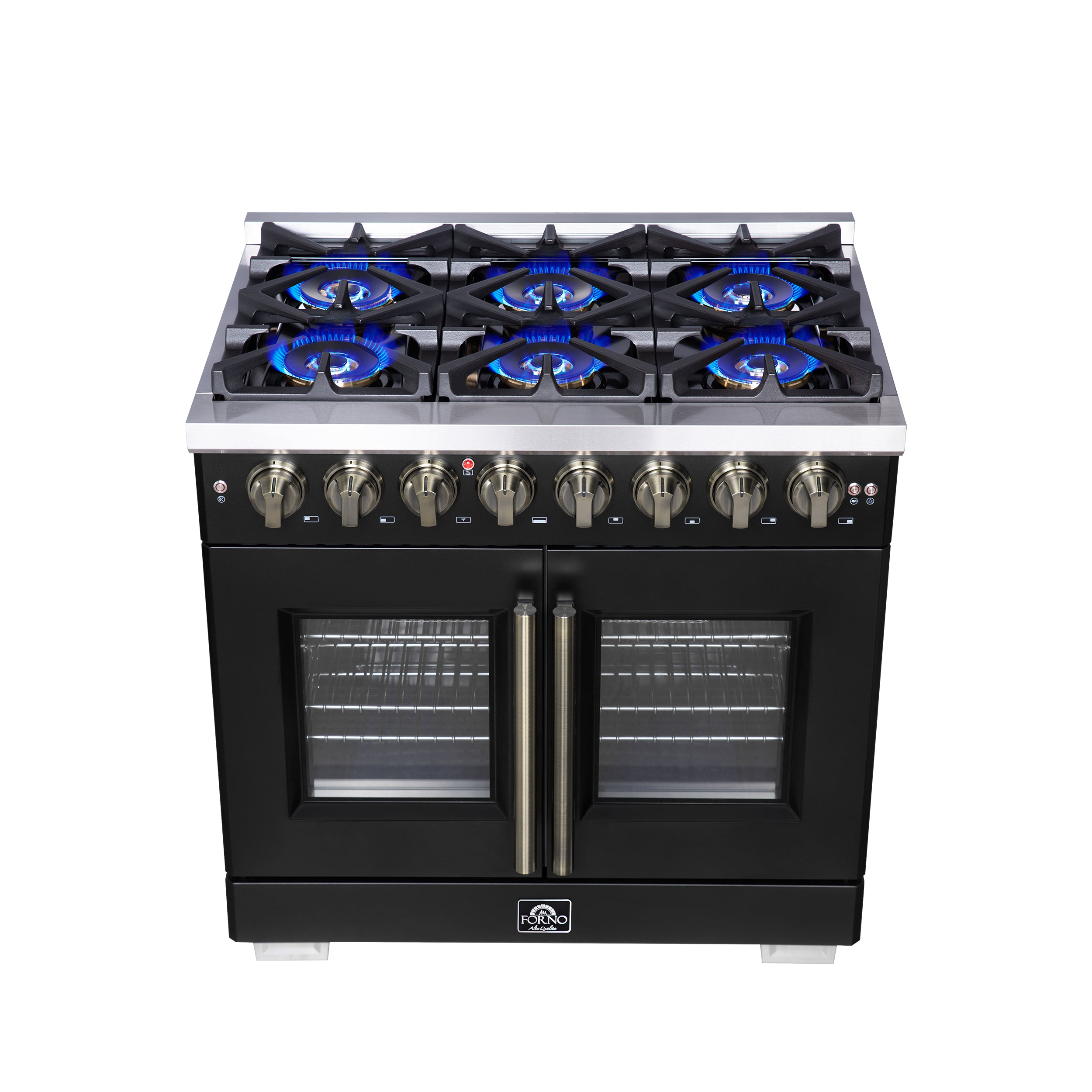 Capriasca 36 Inch Freestanding French Door Dual Fuel Range in with Antique Brass Accessories, 6 Burners, True Convection Oven FFSGS638736BLK