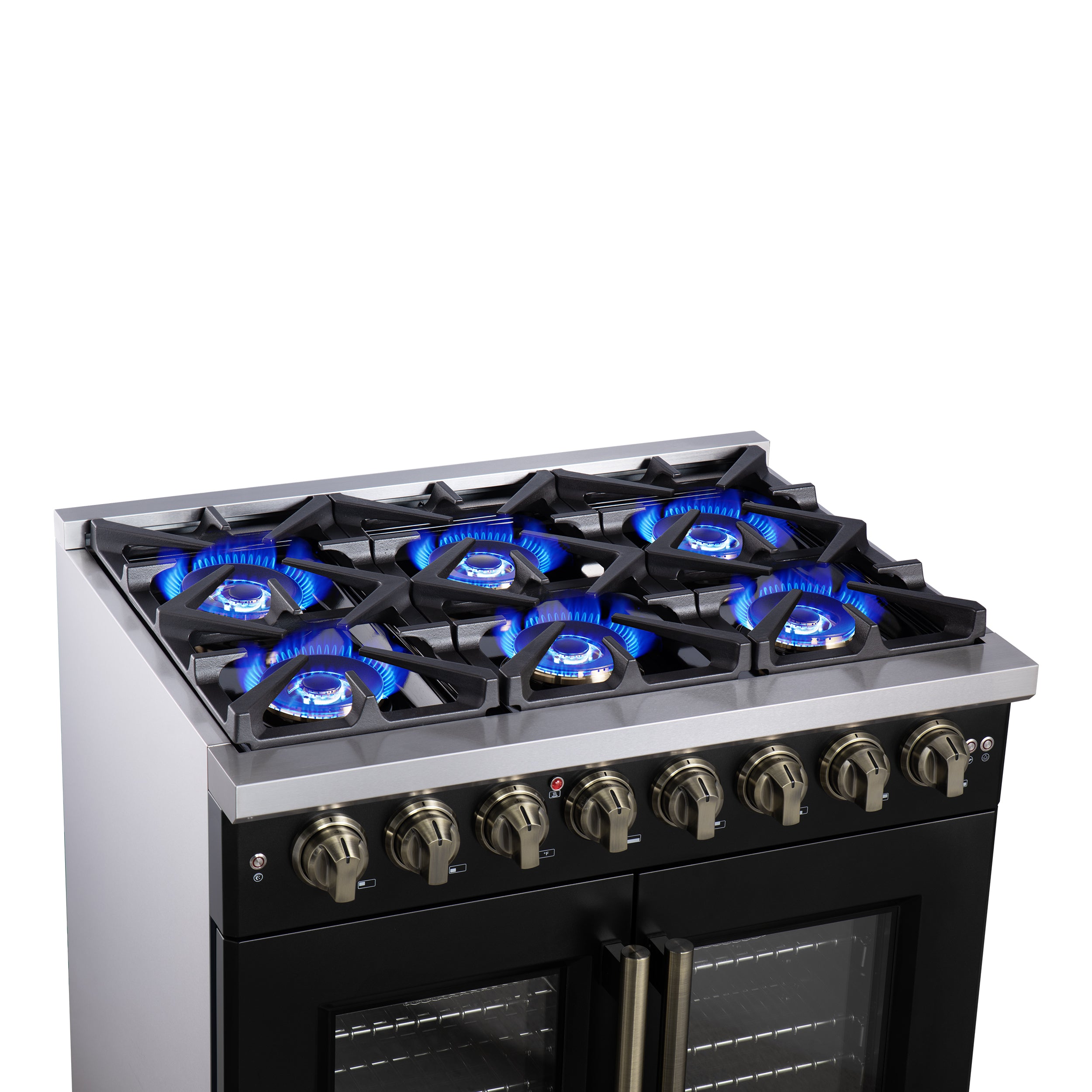 Capriasca 36 Inch Freestanding French Door Dual Fuel Range in with Antique Brass Accessories, 6 Burners, True Convection Oven FFSGS638736BLK