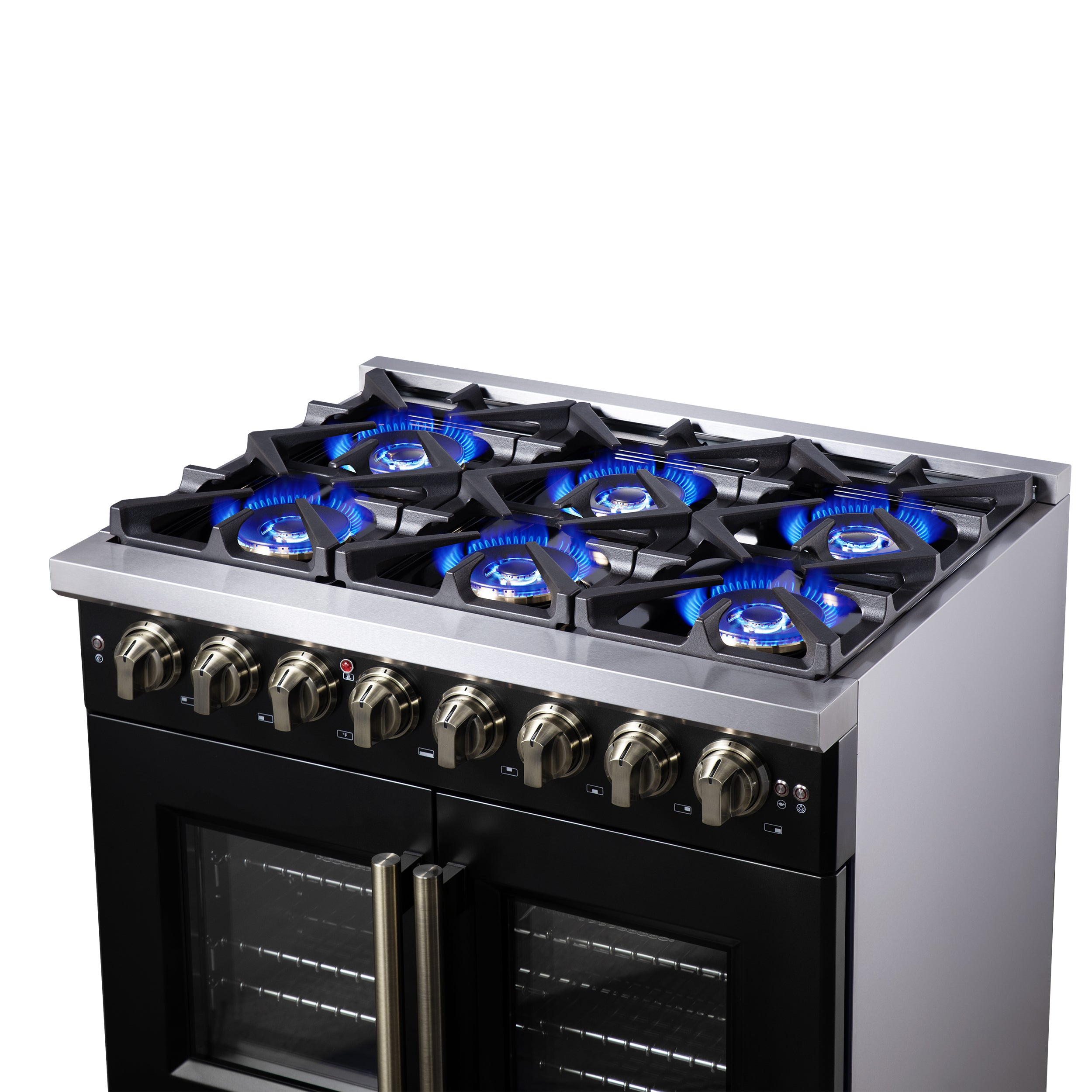 Capriasca 36 Inch Freestanding French Door Dual Fuel Range in with Antique Brass Accessories, 6 Burners, True Convection Oven FFSGS638736BLK