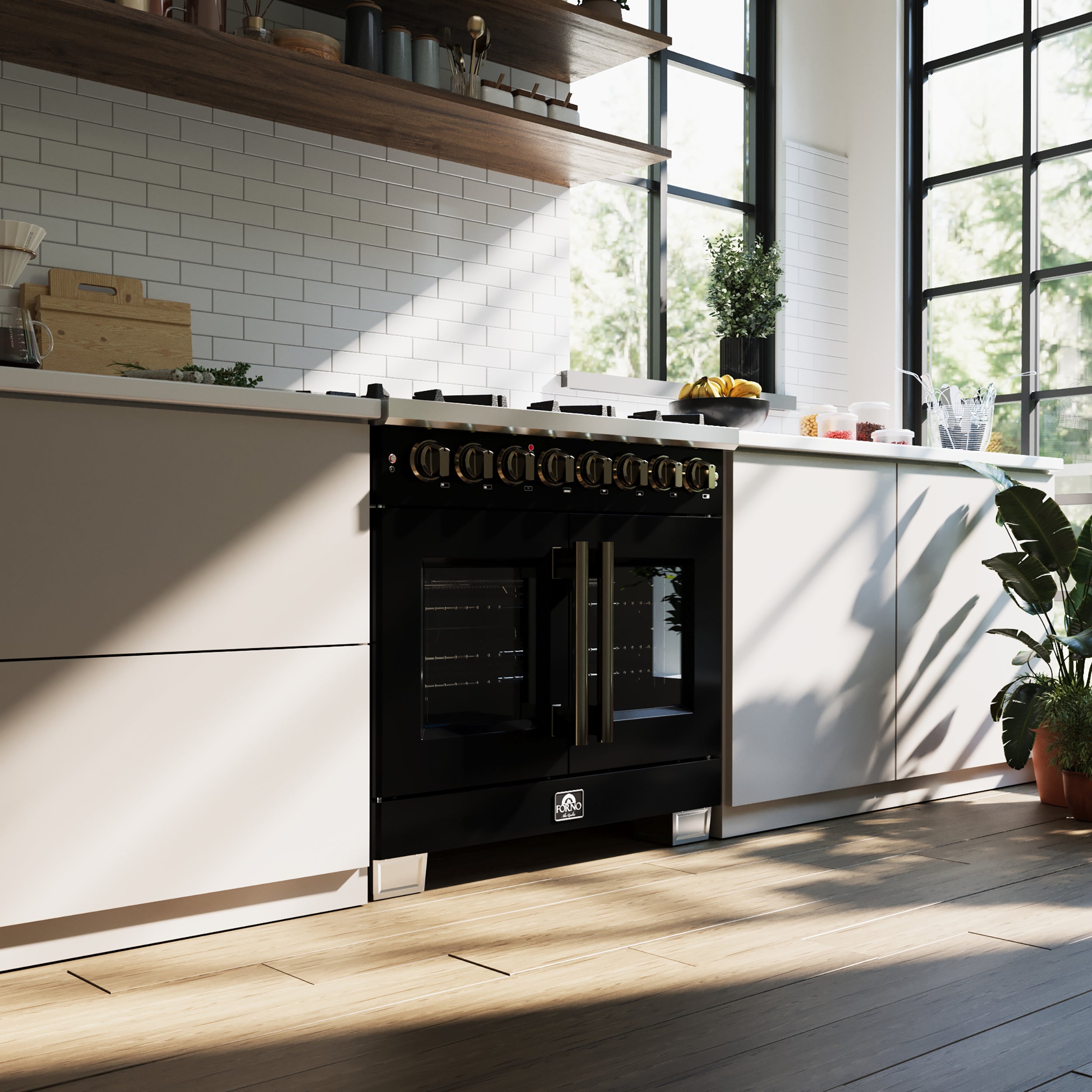 Capriasca 36 Inch Freestanding French Door Dual Fuel Range in with Antique Brass Accessories, 6 Burners, True Convection Oven FFSGS638736BLK