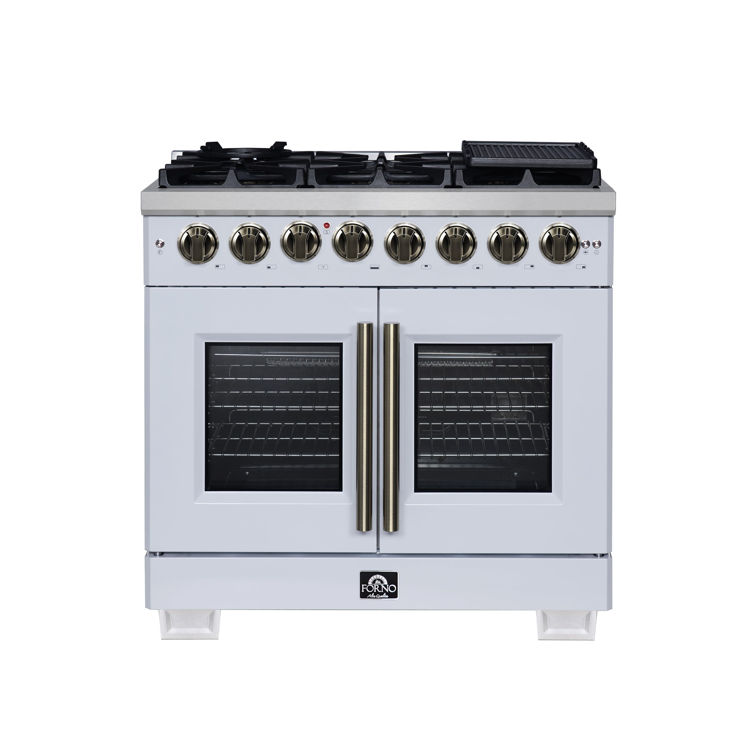 Capriasca 36 Inch Freestanding French Door Dual Fuel Range in with Antique Brass Accessories, 6 Burners, True Convection Oven FFSGS638736WHT