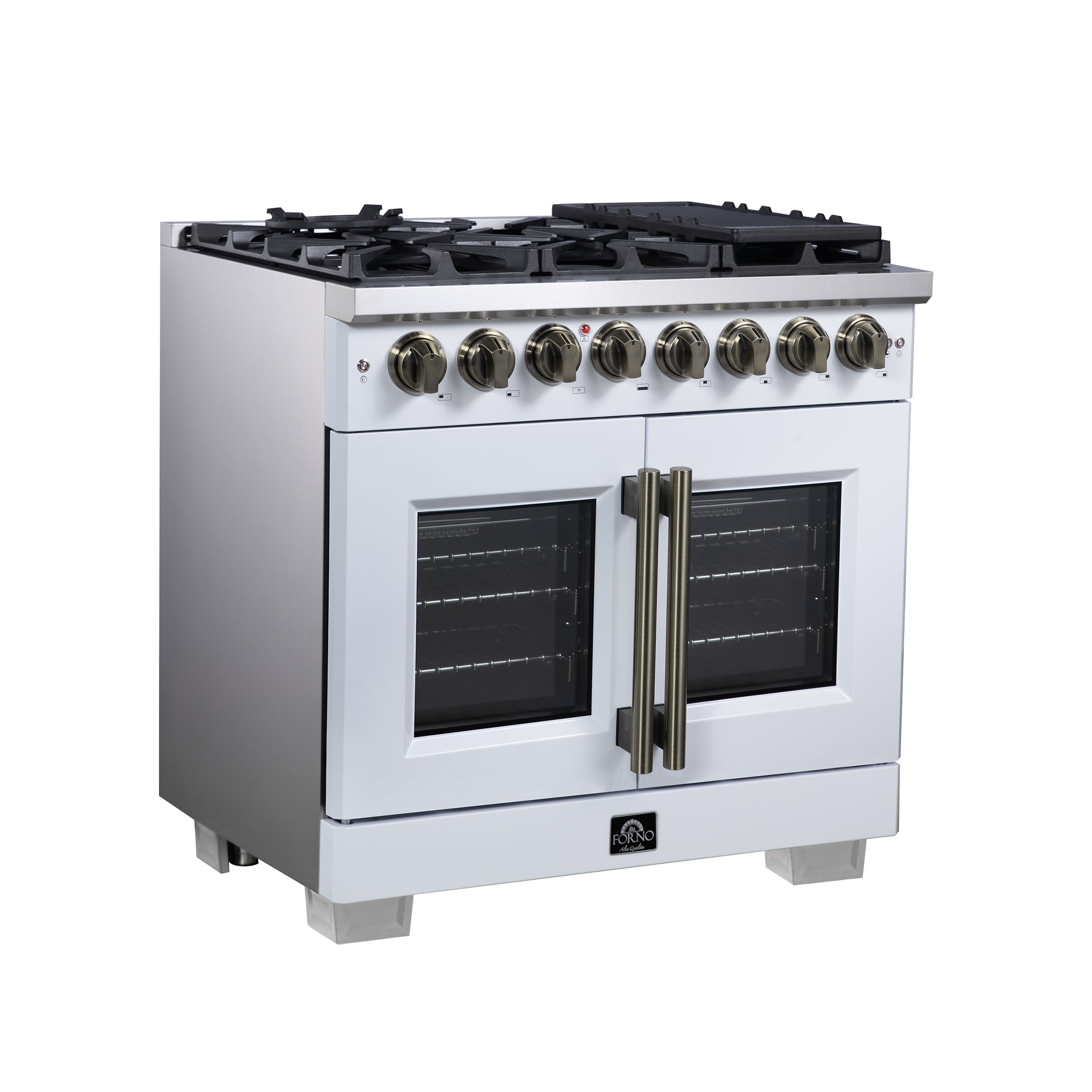 Capriasca 36 Inch Freestanding French Door Dual Fuel Range in with Antique Brass Accessories, 6 Burners, True Convection Oven FFSGS638736WHT
