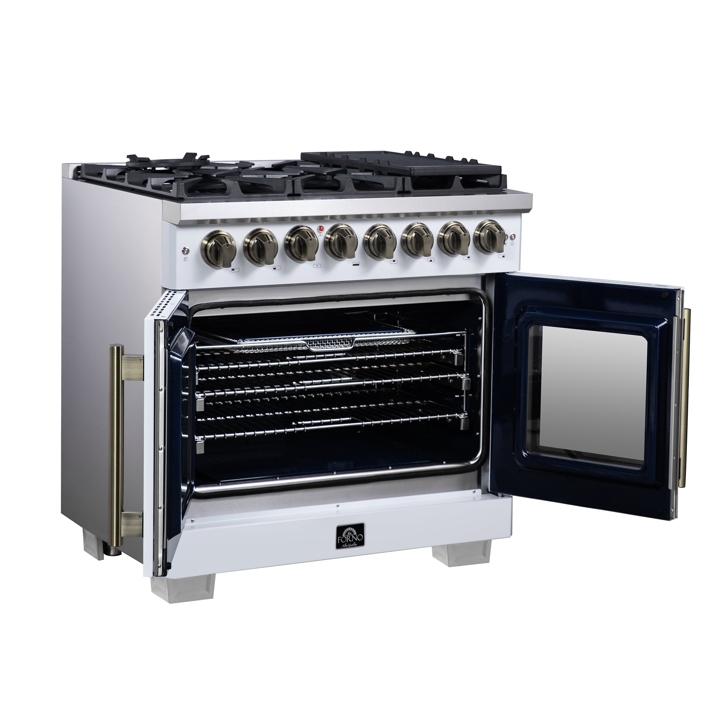 Capriasca 36 Inch Freestanding French Door Dual Fuel Range in with Antique Brass Accessories, 6 Burners, True Convection Oven FFSGS638736WHT