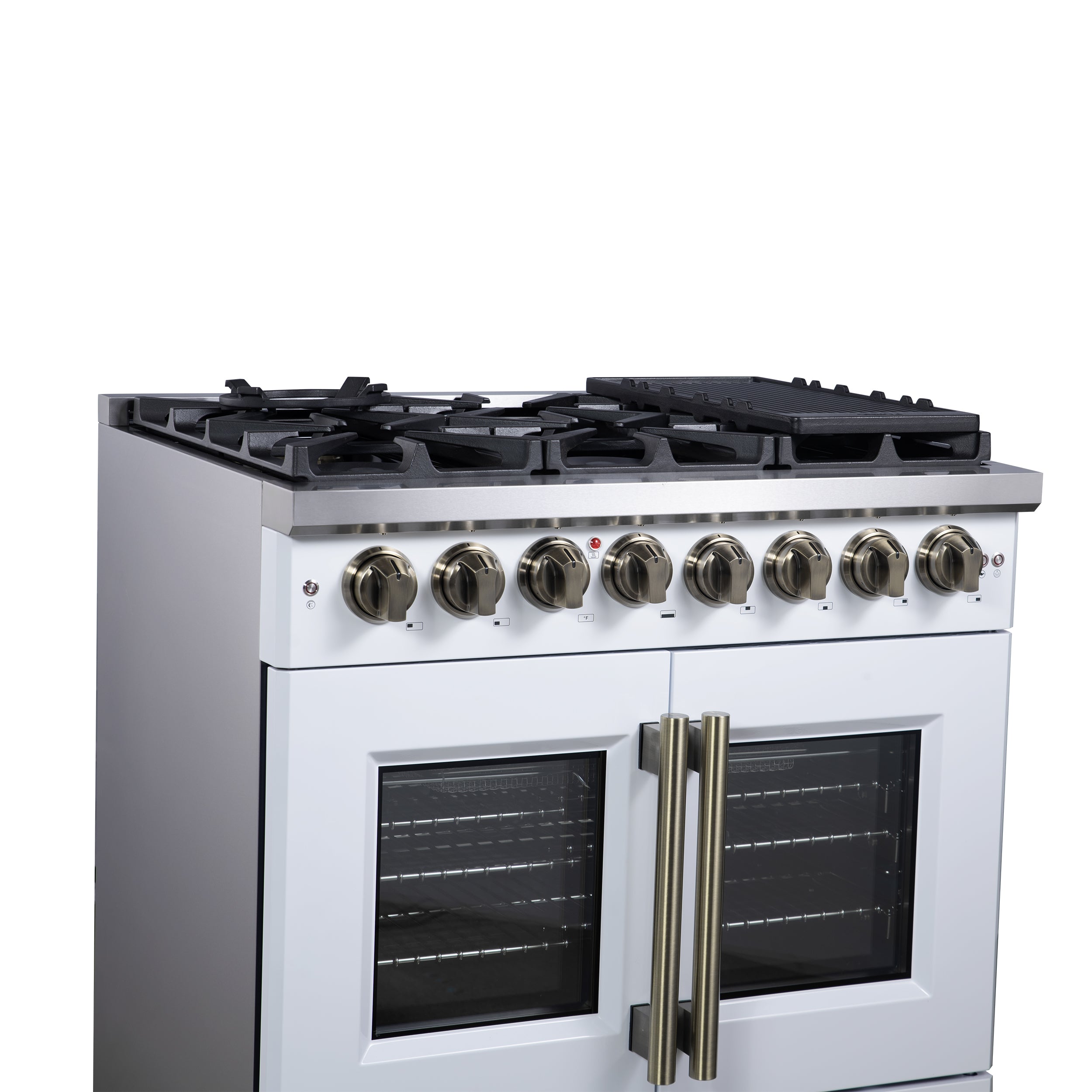 Capriasca 36 Inch Freestanding French Door Dual Fuel Range in with Antique Brass Accessories, 6 Burners, True Convection Oven FFSGS638736WHT