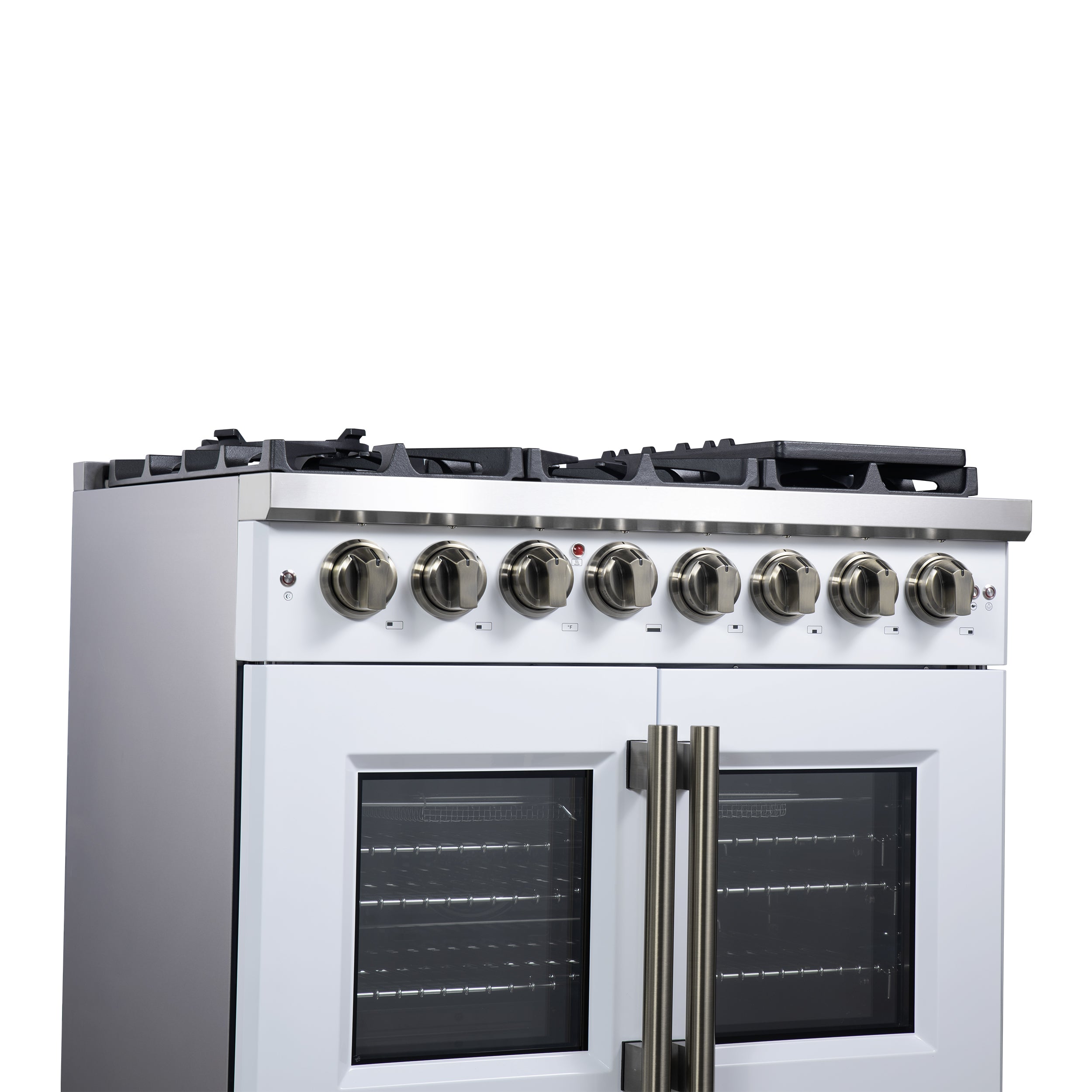 Capriasca 36 Inch Freestanding French Door Dual Fuel Range in with Antique Brass Accessories, 6 Burners, True Convection Oven FFSGS638736WHT