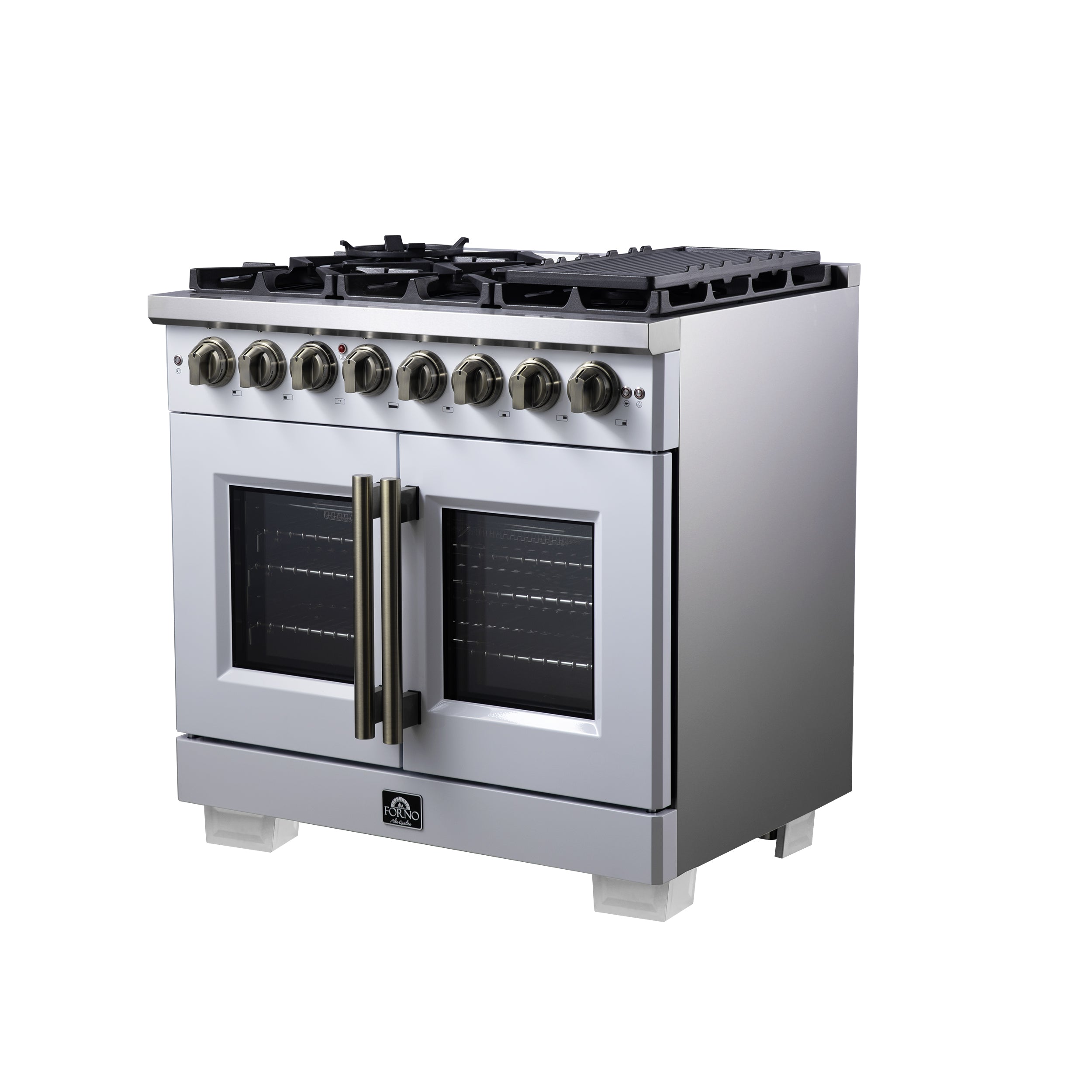 Capriasca 36 Inch Freestanding French Door Dual Fuel Range in with Antique Brass Accessories, 6 Burners, True Convection Oven FFSGS638736WHT