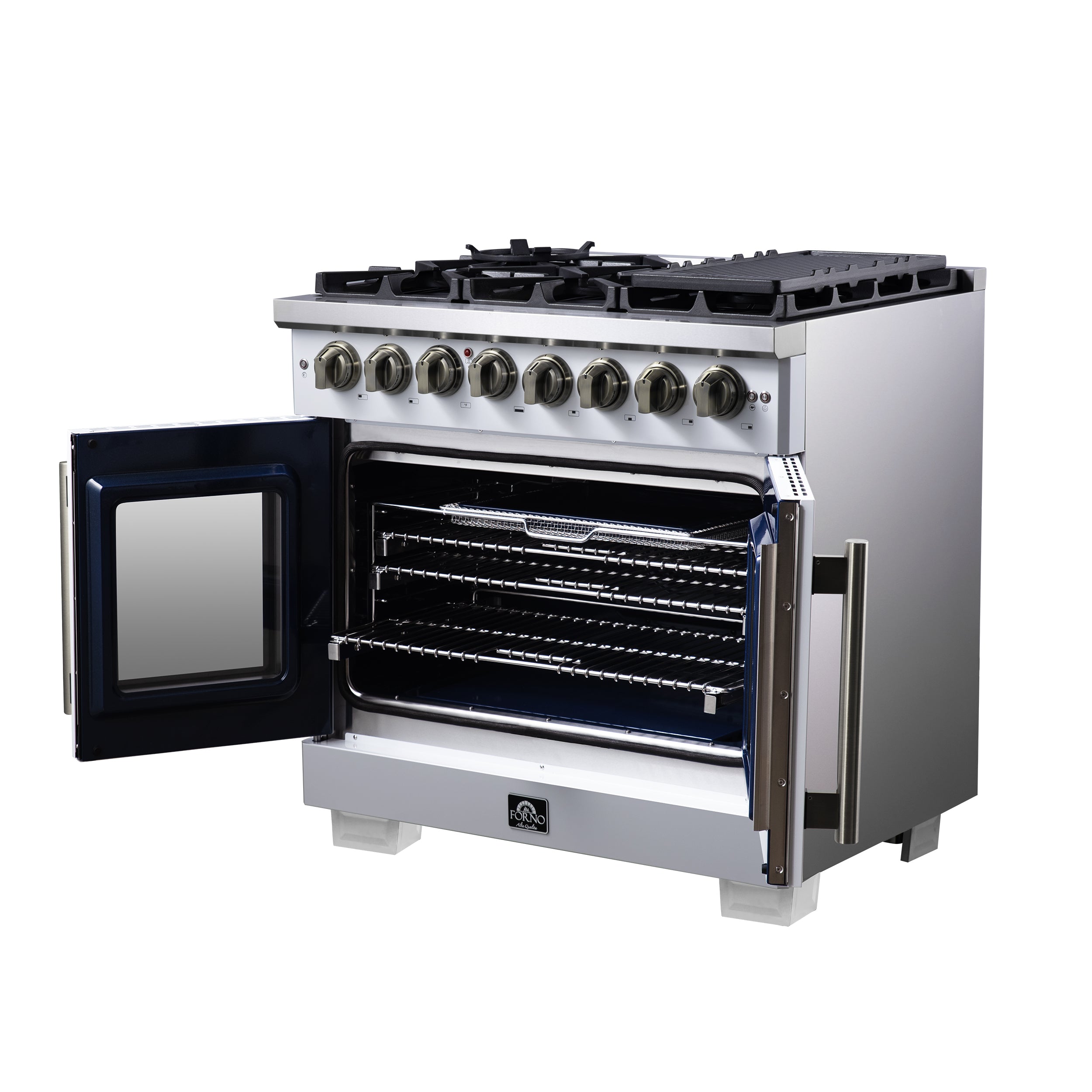 Capriasca 36 Inch Freestanding French Door Dual Fuel Range in with Antique Brass Accessories, 6 Burners, True Convection Oven FFSGS638736WHT