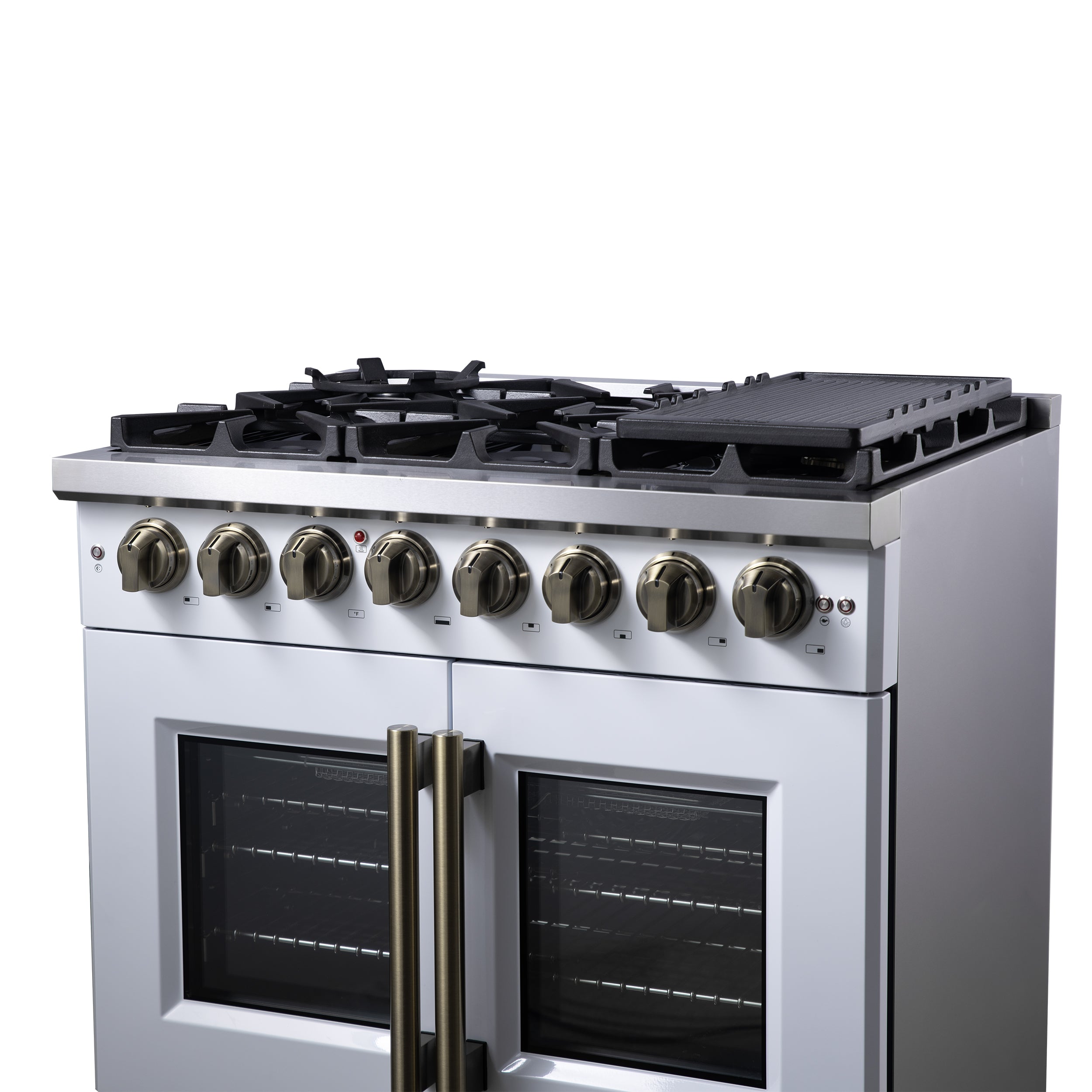 Capriasca 36 Inch Freestanding French Door Dual Fuel Range in with Antique Brass Accessories, 6 Burners, True Convection Oven FFSGS638736WHT