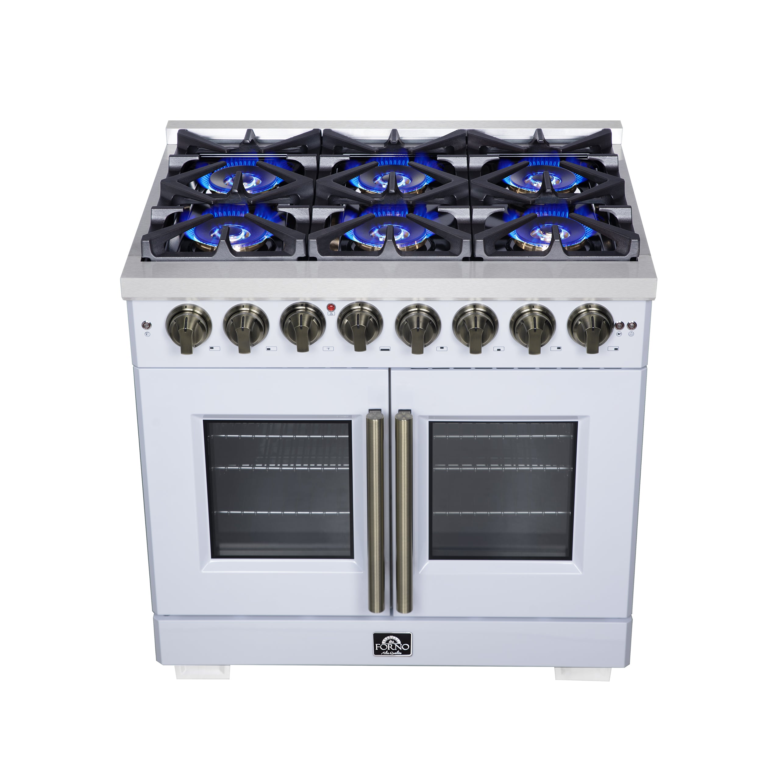 Capriasca 36 Inch Freestanding French Door Dual Fuel Range in with Antique Brass Accessories, 6 Burners, True Convection Oven FFSGS638736WHT
